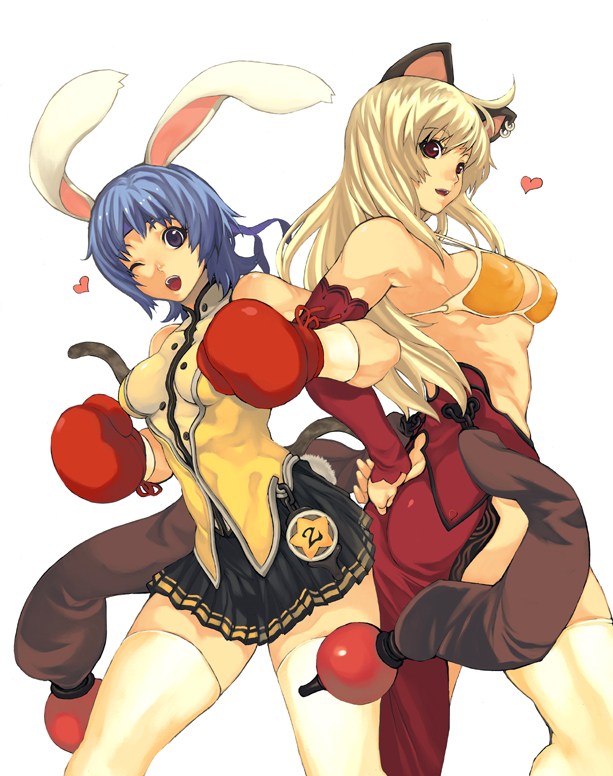imigimuru, bunny (trickster), cat (trickster), trickster (ntreev soft), 10s, 2girls, abs, animal ears, armpits, bikini, bikini top only, blonde hair, blue hair, boxing gloves, breasts, cat ears, cat tail, detached sleeves, ear piercing, earrings, headband, heart, jewelry, large breasts, locked arms, long hair, looking back, midriff, multiple girls, muscular, one eye closed, open mouth, piercing, purple eyes, rabbit ears, rabbit tail, red eyes, short hair, sideboob, single earring, skirt, swimsuit, tail, thighhighs, white thighhighs, wink, zettai ryouiki