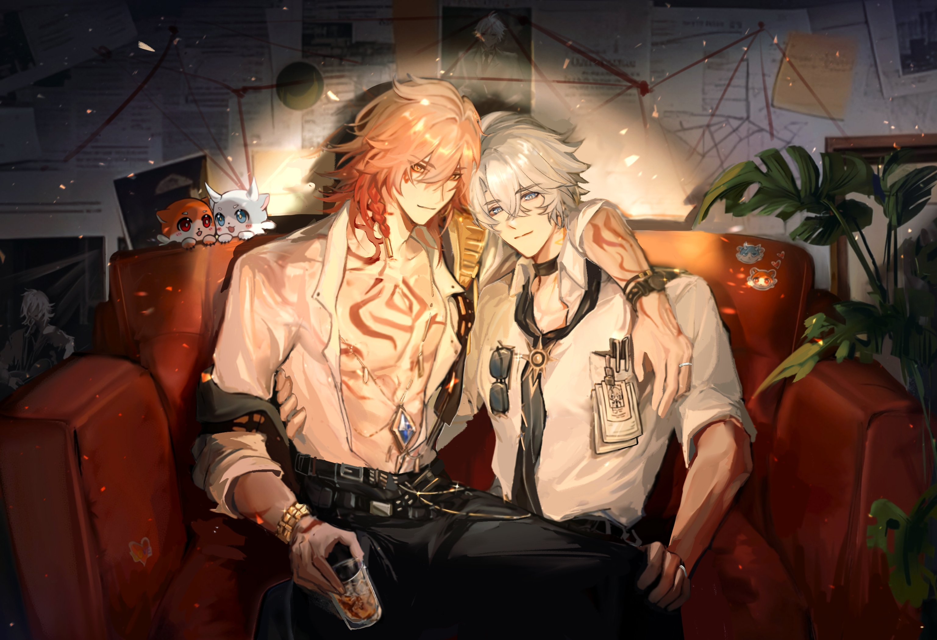 mydei (honkai: star rail), phainon (honkai: star rail), honkai: star rail, honkai (series), chinese commentary, commentary request, highres, 2boys, antenna hair, arm around shoulder, bare pectorals, black choker, black necktie, black pants, blonde hair, blue eyes, braid, chest tattoo, choker, collared shirt, cup, facial tattoo, fenglan465, gold necklace, gradient hair, hair between eyes, holding, holding cup, jewelry, male focus, medium hair, multicolored hair, multiple boys, necklace, necktie, open clothes, open shirt, pants, parted bangs, pectorals, pilot uniform, red hair, red tattoo, shirt, short hair, side braid, sitting, sitting on lap, sitting on person, sleeves rolled up, spotlight, sunglasses, tattoo, unworn headwear, white hair, white shirt, yaoi, yellow eyes