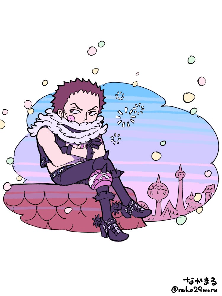 naka29maru, charlotte katakuri, one piece, commentary request, 1boy, arm tattoo, chibi, crossed arms, crossed legs, full body, high heels, male focus, open clothes, open vest, purple hair, scarf, short hair, sitting, solo, tattoo, tongue, tongue out, twitter username, v-shaped eyebrows, vest