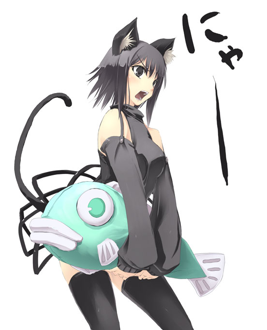 satomi (black scarecrow), 1girl, animal ears, black eyes, black hair, black scarecrow, breasts, cat ears, female focus, fish, gloves, medium breasts, open mouth, short hair, solo, thighhighs, toy