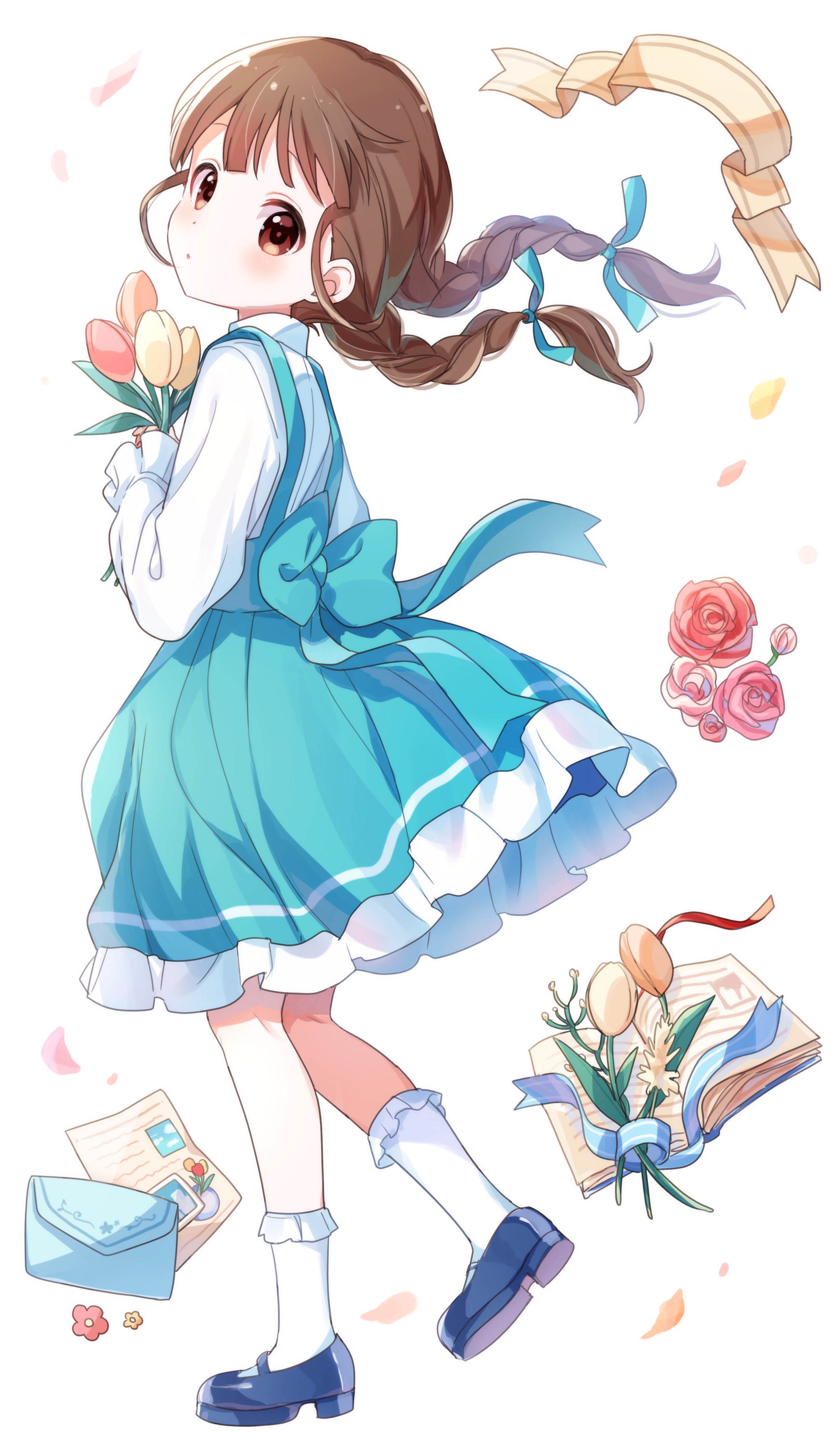 buchi (y0u0ri ), original, absurdres, commentary, highres, 1girl, blue ribbon, blue shoes, blue skirt, blush, book, braid, brown eyes, brown hair, envelope, flower, frilled skirt, frilled socks, frills, full body, hair ribbon, holding, holding flower, long hair, long sleeves, looking at viewer, looking back, mary janes, open book, orange flower, orange tulip, parted lips, pleated skirt, red flower, red rose, ribbon, rose, shirt, shoes, simple background, skirt, socks, solo, standing, standing on one leg, suspender skirt, suspenders, tulip, twin braids, white background, white shirt, white socks, yellow flower, yellow tulip