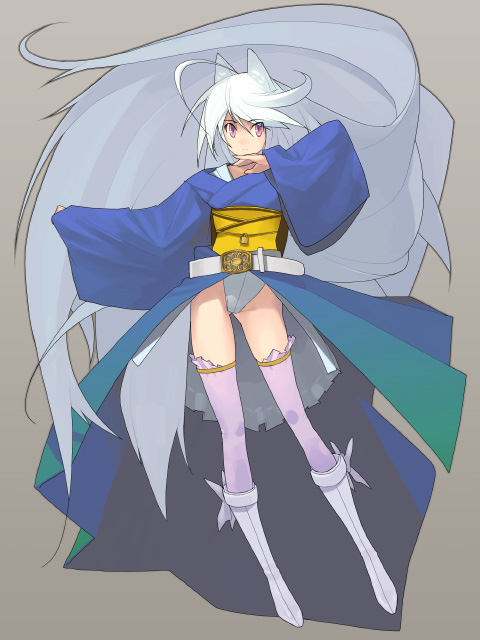 kanten, ahoge, animal ears, belt, fox ears, japanese clothes, kimono, knee boots, long hair, thighhighs, white hair
