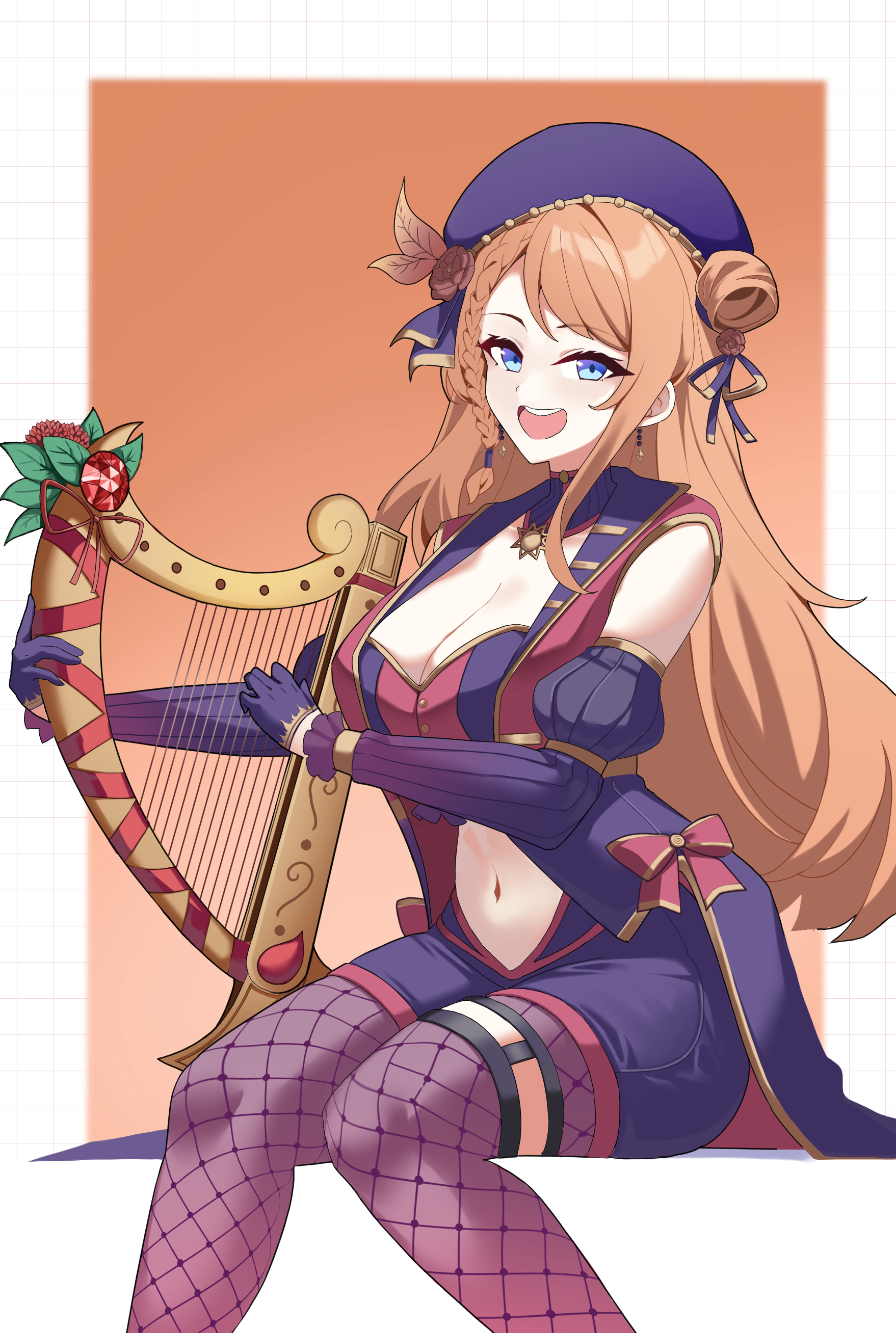 shibazakie, lucy monroe, original, absurdres, commission, highres, skeb commission, 1girl, blue eyes, braid, breasts, cleavage, detached sleeves, flower, garter belt, gloves, hair bun, instrument, leggings, long hair, lyre, midriff, orange hair, smile, solo