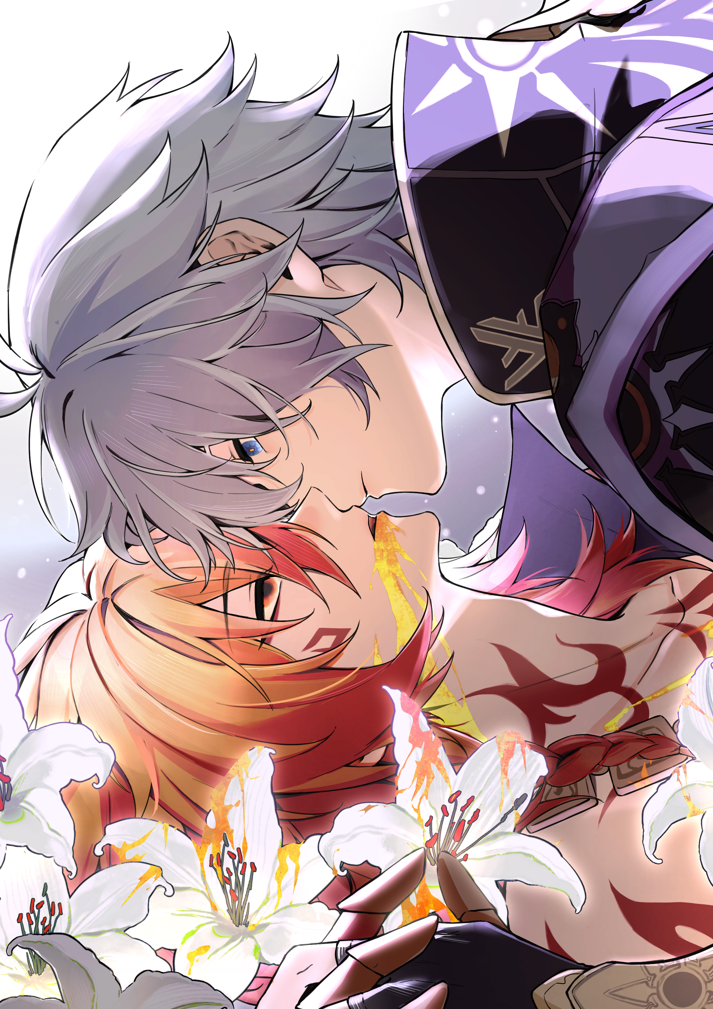 mydei (honkai: star rail), phainon (honkai: star rail), honkai: star rail, honkai (series), white lily, absurdres, chinese commentary, commentary request, highres, 2boys, antenna hair, arm tattoo, black gloves, black shirt, blonde hair, blood, blood from mouth, blue eyes, braid, clawed gauntlets, facial tattoo, fingerless gloves, from side, gloves, gold necklace, gradient hair, hair between eyes, holding hands, imminent kiss, jewelry, male focus, medium hair, multicolored hair, multiple boys, necklace, profile, red hair, red tattoo, shirt, short hair, side braid, sun print, tattoo, white hair, yaoi, yellow blood, yellow eyes, zhenyishuaizhiguo81314