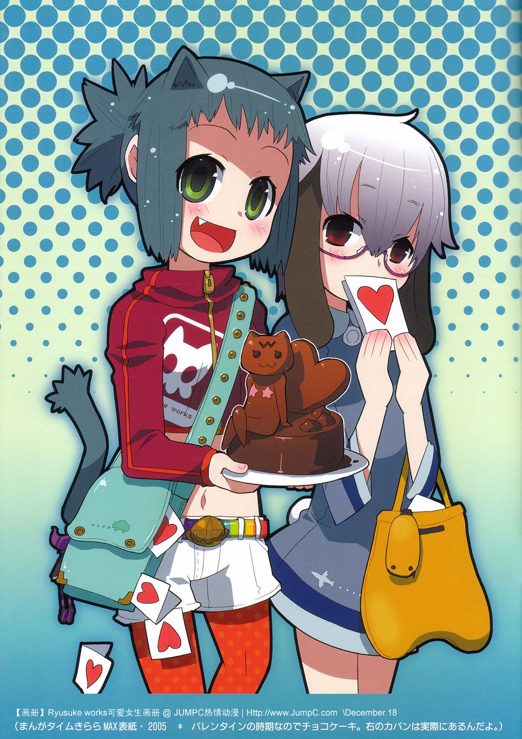 ryusuke hamamoto, highres, animal ears, cat ears, dog ears, dress, fang, glasses, green eyes, green hair, purple hair, red eyes, shorts, thighhighs, white hair