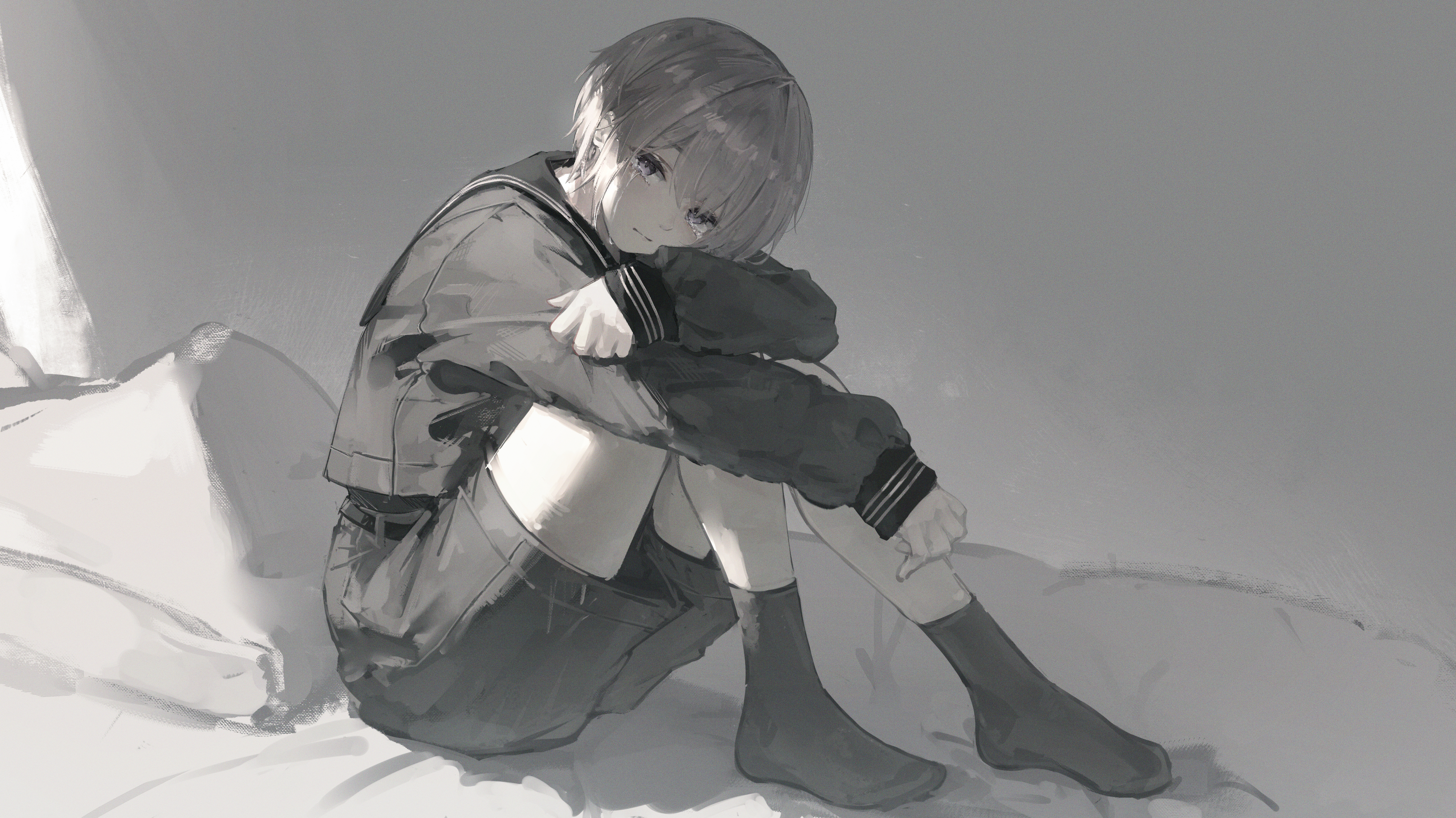 fuunyon, absurdres, character request, commentary request, highres, 1girl, closed mouth, full body, greyscale, indoors, knees up, long sleeves, looking at viewer, monochrome, on bed, rk music, sailor collar, shirt, short hair, shorts, sitting, socks, solo, tears
