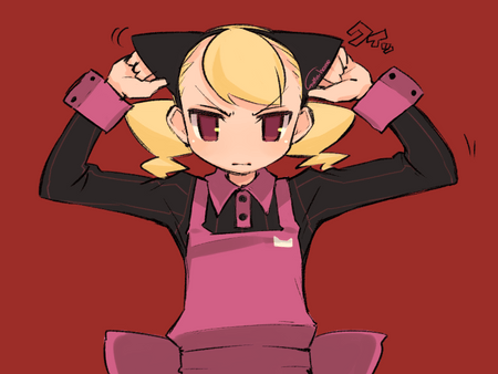 mota, lowres, 1girl, angry, animal ears, apron, black shirt, blonde hair, cat ears, cat girl, dress, fake animal ears, female focus, long sleeves, looking at viewer, pink apron, red background, red eyes, shirt, short hair, short twintails, solo, striped clothes, striped shirt, twintails, upper body