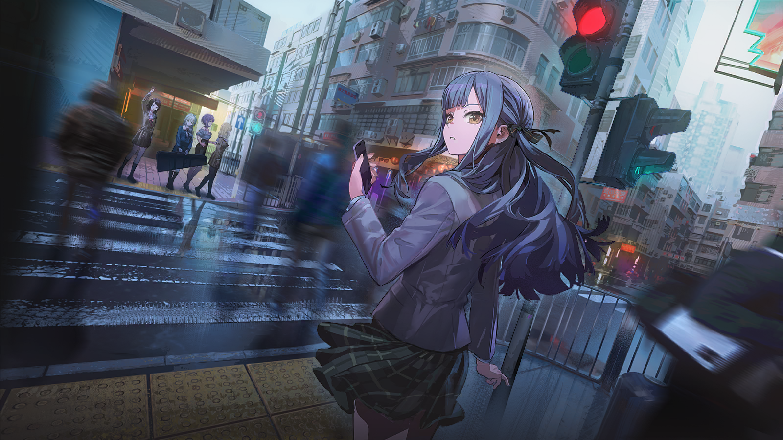 misumi uika, togawa sakiko, wakaba mutsumi, yahata umiri, yuutenji nyamu, arknights, ave mujica (bang dream!), bang dream!, bang dream! it's mygo!!!!!, game cg, highres, official art, third-party source, 5girls, arm up, black hair, black pantyhose, black ribbon, black shirt, black socks, blonde hair, blue hair, blue shirt, blue skirt, brown dress, building, cellphone, crosswalk, dress, frilled shirt, frills, green hair, green skirt, grey jacket, grey neckerchief, guitar, guitar case, hair ribbon, hanasakigawa school uniform, haneoka school uniform, holding, holding guitar, holding instrument, holding phone, instrument, instrument case, jacket, kneehighs, long hair, long sleeves, medium hair, multiple girls, neckerchief, off-shoulder shirt, off shoulder, open mouth, outdoors, pantyhose, people, phone, plaid clothes, plaid skirt, pleated skirt, purple hair, railing, ribbon, road, sailor dress, school uniform, shirt, short hair, sidelocks, skirt, smartphone, socks, tactile paving, traffic light, tsukinomori school uniform, waving, yellow eyes
