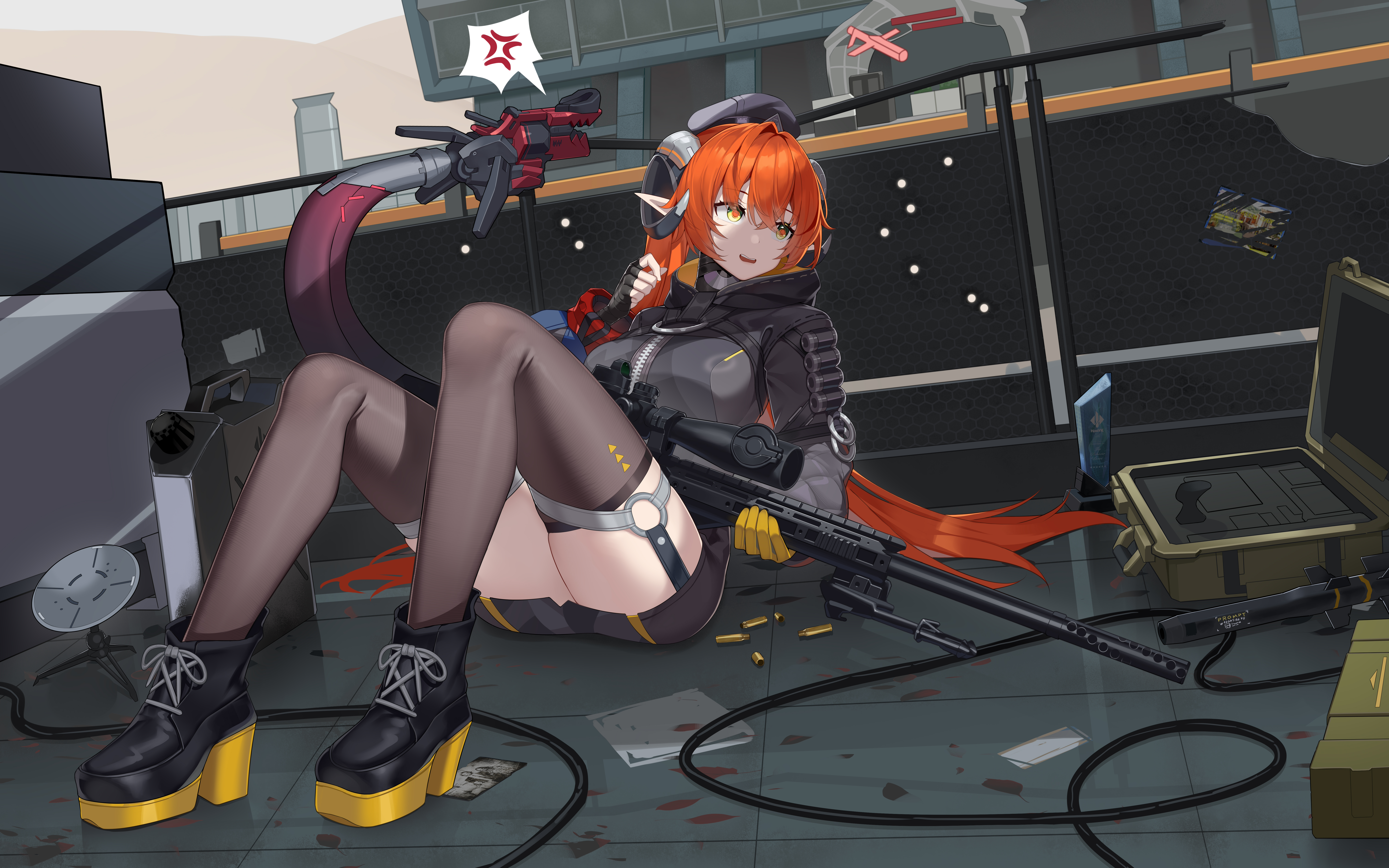 wuren, magus (zenless zone zero), orphie magnusson, zenless zone zero, absurdres, commentary request, highres, 1girl, anger vein, asymmetrical gloves, fingerless gloves, gloves, green eyes, gun, hair between eyes, horns, long hair, mechanical horns, mechanical tail, orange hair, orange pupils, platform heels, pointy ears, rifle, single fingerless glove, sitting, sniper rifle, spoken anger vein, tail, thighhighs, weapon, yellow gloves, zipper
