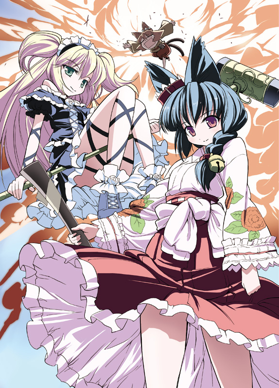 takahata yuki, mayu (nekogami yaoyorozu), meiko (nekogami yaoyorozu), shousouin sasana, nekogami yaoyorozu, 3girls, animal ears, ankle lace-up, bell, black hair, blonde hair, braid, cat ears, chibi, dress, explosion, floral print, frills, gothic lolita, green eyes, hair bell, hair ornament, hairband, japanese clothes, kimono, lolita fashion, lolita hairband, long hair, maid, miko, multiple girls, rectangular mouth, red eyes, shoes, short hair, shorts, side braid, skirt, twintails, two side up