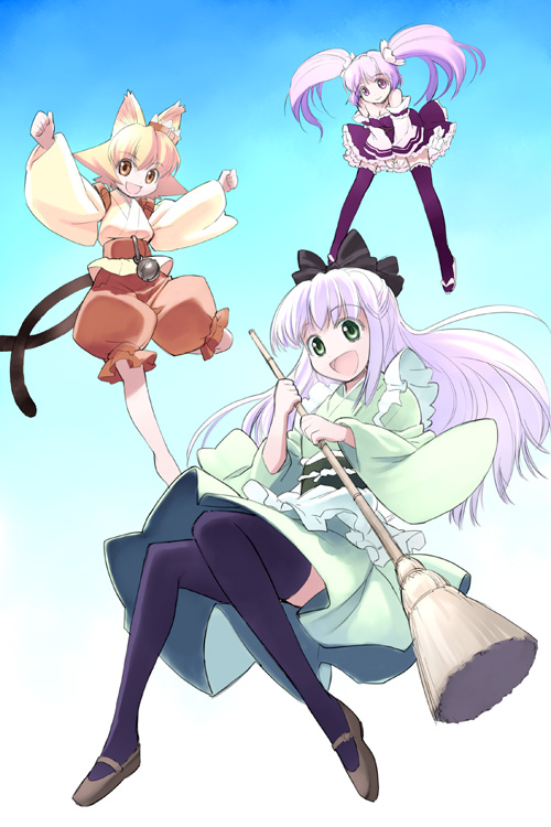 takahata yuki, komiya yuzu, mayu (nekogami yaoyorozu), yoshino (nekogami yaoyorozu), nekogami yaoyorozu, 3girls, animal ears, apron, barefoot, bell, belt, blonde hair, bow, broom, cat ears, dress, flip-flops, gothic lolita, green eyes, japanese clothes, kimono, kimono skirt, legs, lolita fashion, long hair, multiple girls, nekomata, purple hair, sandals, short hair, shorts, thighhighs, twintails, yellow eyes