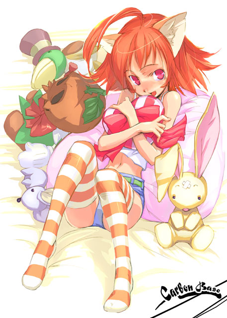 striped, ahoge, animal ears, carbon base, cat ears, midriff, pink eyes, red hair, short hair, shorts, thighhighs, toy