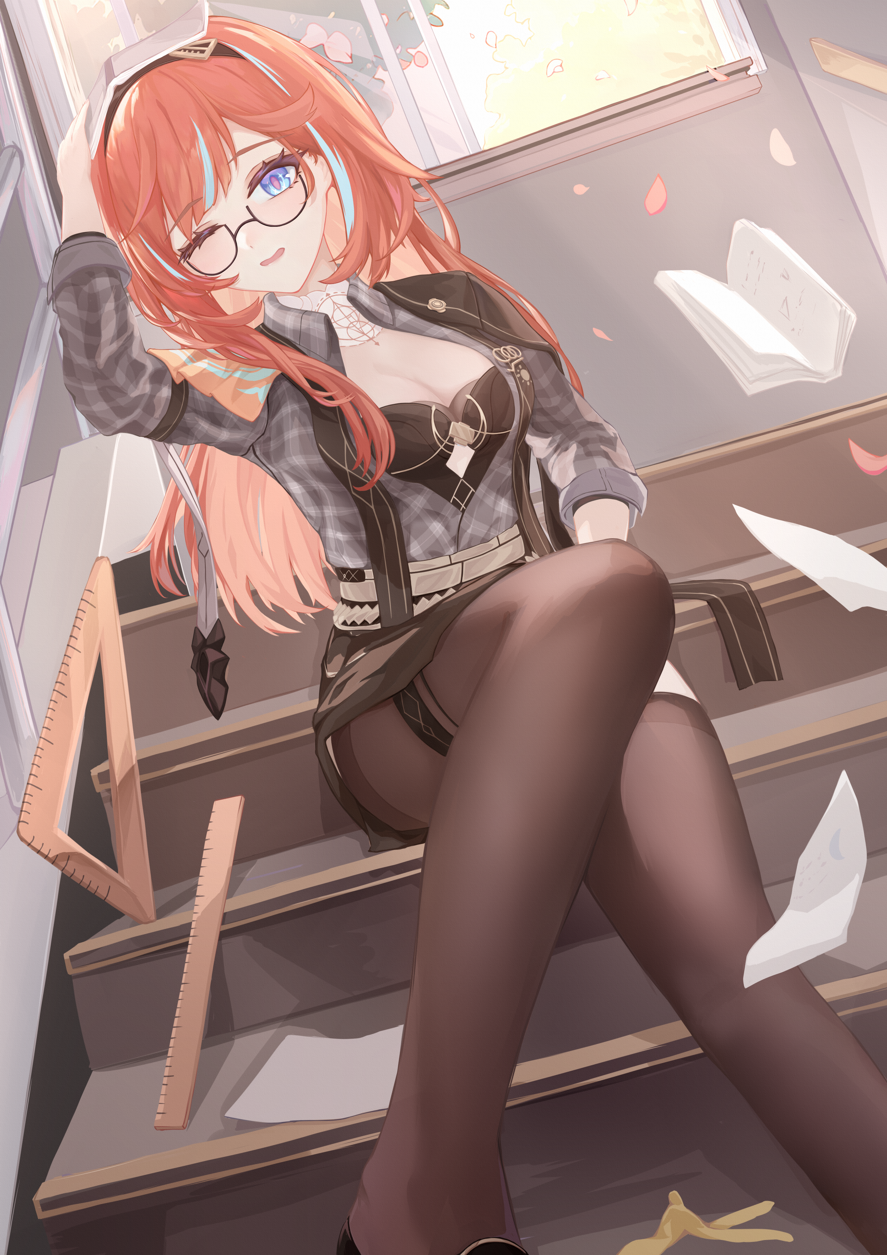 blackheart`, senadina, senadina (steering inequations), honkai (series), honkai impact 3rd, absurdres, chinese commentary, commentary request, highres, 1girl, banana peel, black dress, black pantyhose, blue eyes, blue hair, book, book on head, breasts, cleavage, dress, dutch angle, glasses, indoors, large breasts, long hair, multicolored hair, object on head, official alternate costume, on stairs, one eye closed, open mouth, pantyhose, paper, red hair, ruler, semi-rimless eyewear, sitting, solo, streaked hair, two-tone hair, very long hair
