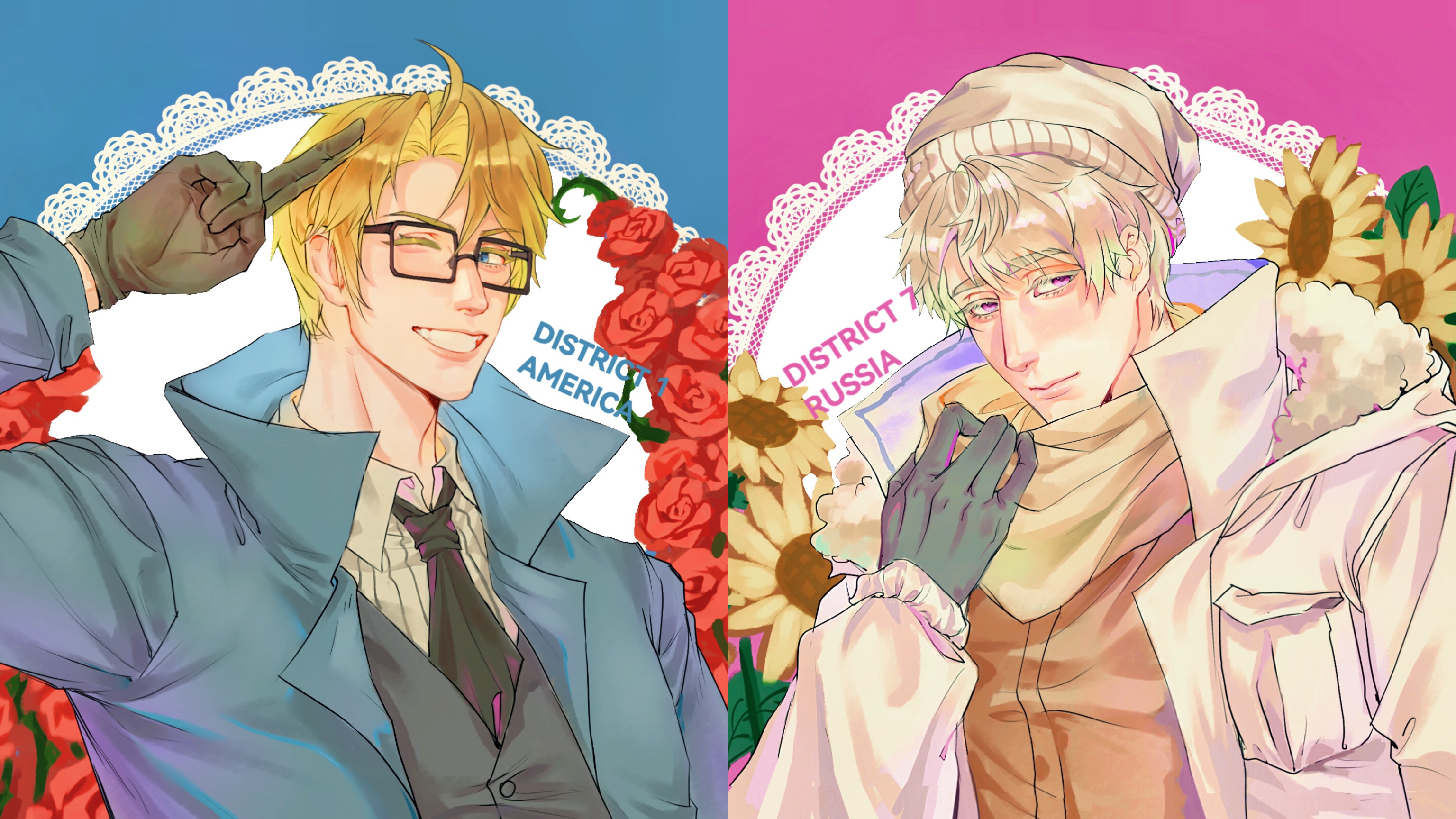 sheepgooo, axis powers hetalia, highres, 2boys, ahoge, beanie, blonde hair, blue eyes, brothers, collared shirt, flower, formal clothes, fur-trimmed jacket, fur trim, glasses, gloves, grey hair, hat, jacket, looking at viewer, male focus, multiple boys, necktie, one eye closed, open mouth, purple eyes, salute, scarf, shirt, short hair, siblings, smile, split screen, suit, two-finger salute, upper body