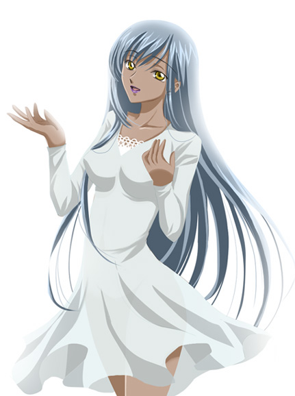 sinko (sinsin), villetta nu, villetta nu (amnesia), code geass, silver hair, 00s, 1girl, collarbone, dark-skinned female, dark skin, dress, female focus, long hair, open mouth, see-through clothes, solo, standing, white background, white dress, yellow eyes