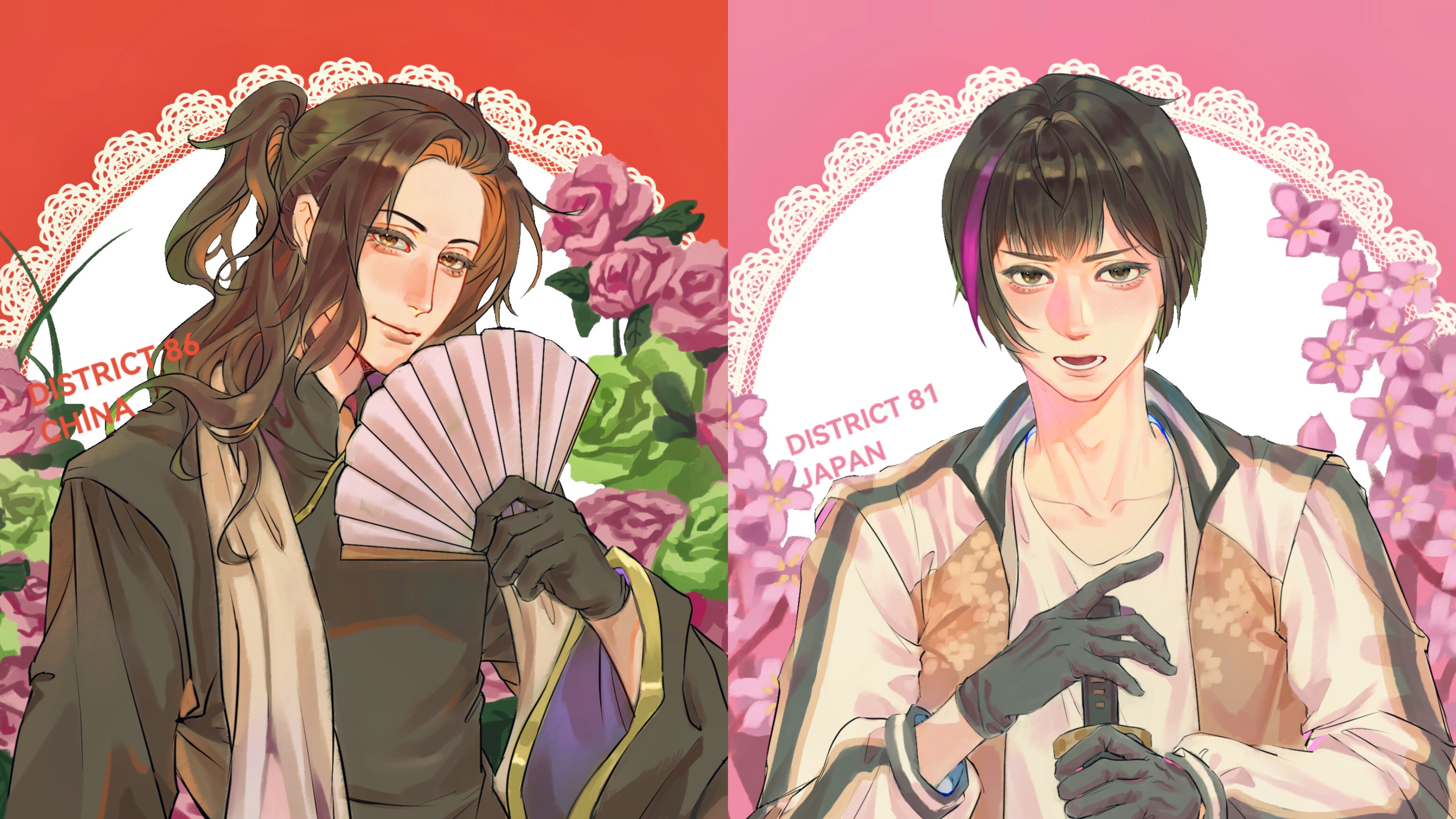 sheepgooo, china (hetalia), japan (hetalia), axis powers hetalia, highres, 2boys, black hair, brothers, brown eyes, brown hair, chinese clothes, collared shirt, flower, formal clothes, half updo, hand fan, holding, holding fan, jacket, long hair, looking at viewer, male focus, multiple boys, necktie, open mouth, purple hair, shirt, short hair, siblings, single hair streak, split screen, suit, upper body