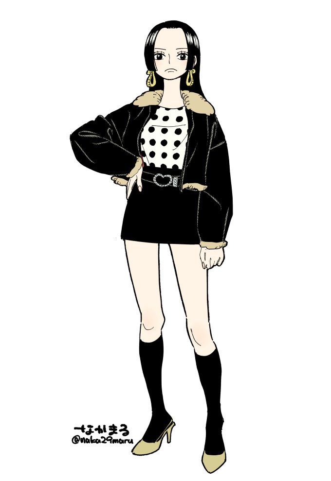 naka29maru, boa hancock, one piece, commentary, 1girl, black hair, black skirt, black socks, closed mouth, full body, fur-trimmed jacket, fur trim, heart belt, high heels, jacket, long hair, sidelocks, simple background, skirt, snake hair, socks, solo, twitter username, white background
