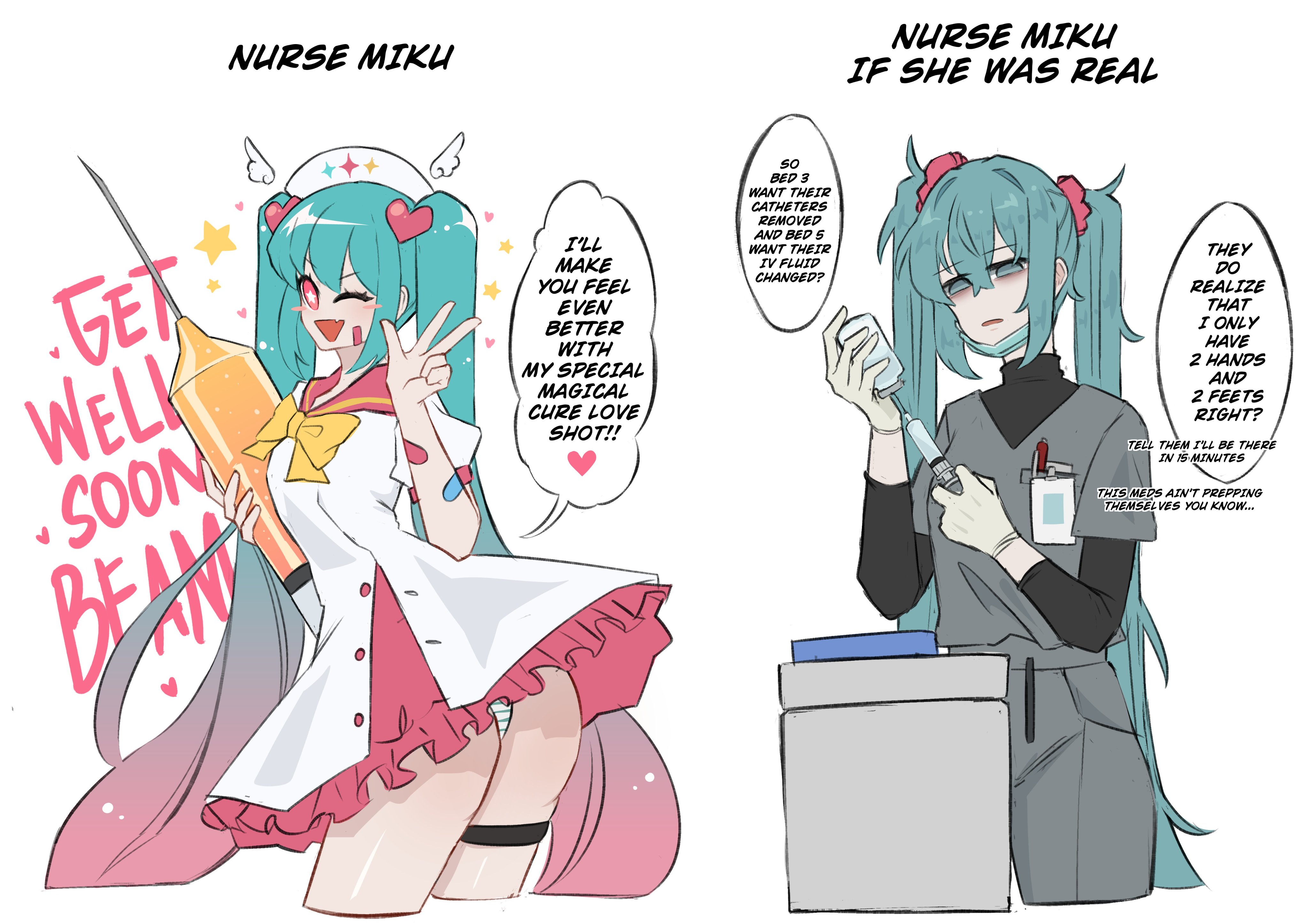 mamaprofennn, hatsune miku, vocaloid, absurdres, highres, bags under eyes, bandaid, blue hair, english text, gloves, medical scrubs, panties, star-shaped pupils, star (symbol), striped clothes, striped panties, symbol-shaped pupils, syringe, twintails, underwear