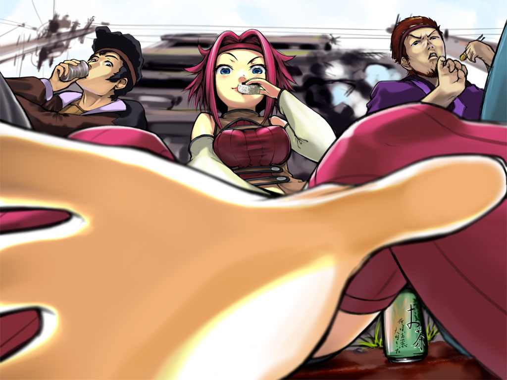 negy, kouzuki kallen, ohgi kaname, tamaki shin'ichirou, code geass, 00s, 1girl, 2boys, bare shoulders, blush, breasts, karen kouzaki, multiple boys, short hair, sleeveless, sleeveless turtleneck, thighhighs, turtleneck