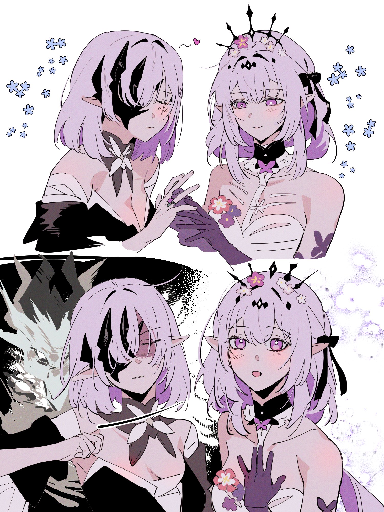 d0600059994959, castorice (honkai: star rail), pollux (honkai: star rail), polyxia (honkai: star rail), honkai: star rail, honkai (series), commentary request, highres, korean commentary, 2girls, bare shoulders, black choker, black dress, black mask, black sleeves, black tiara, blush, breasts, choker, clenched hand, closed eyes, closed mouth, collarbone, colored inner hair, detached sleeves, dragon, dress, eye mask, flower, flower ornament, gloves, hair between eyes, hair flower, hair ornament, half mask, hand on own chest, hand up, jewelry, long hair, looking at another, looking at viewer, mask, medium breasts, multicolored hair, multiple girls, multiple views, one eye covered, open mouth, pink flower, pink hair, pointy ears, purple eyes, purple flower, purple gloves, purple hair, ring, shaded face, short hair, short sleeves, siblings, sidelocks, simple background, sisters, sleeveless, sleeveless dress, smile, strapless, strapless dress, tiara, twins, upper body, white background, white dress, white flower