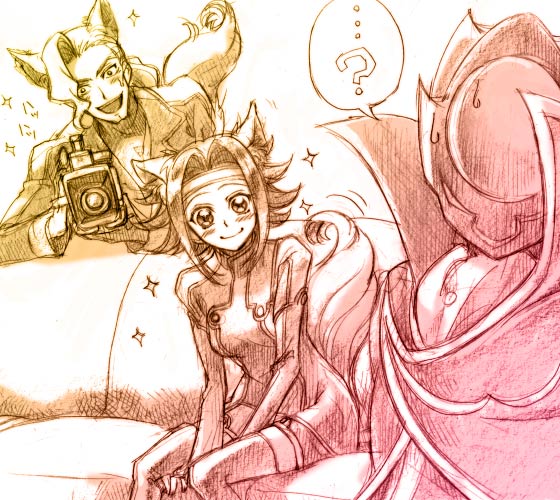 hisaki yukari, diethard ried, kouzuki kallen, lelouch vi britannia, zero (code geass), code geass, …, 00s, 1girl, 2boys, ?, animal ears, blush, camera, cat ears, cat tail, couch, dog ears, karen kouzaki, mask, monochrome, multiple boys, orange theme, order of the black knights uniform, red theme, short hair, sparkle, spoken question mark, tail, tears, thighhighs