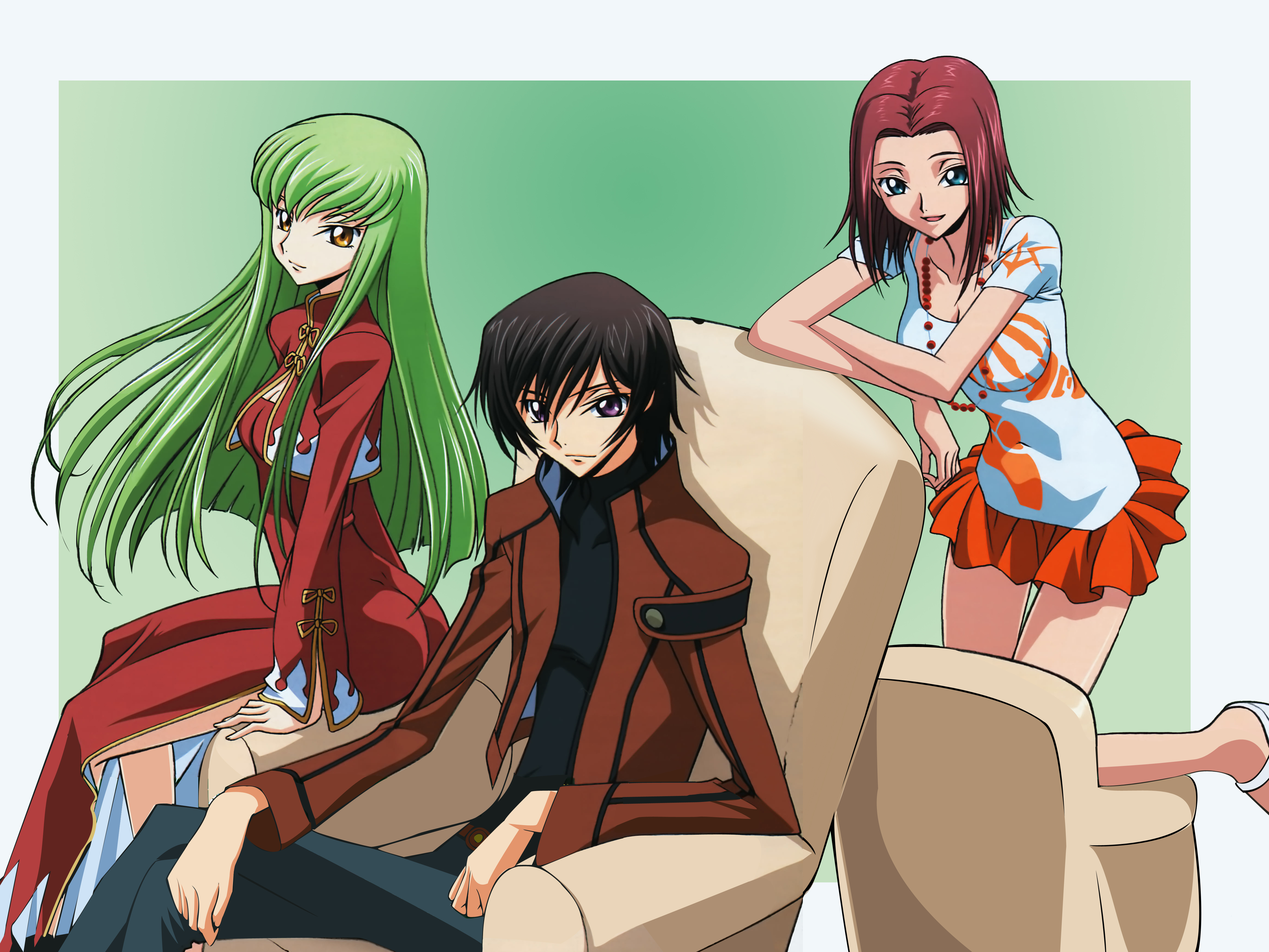 c.c., kouzuki kallen, code geass, absurdres, highres, scan, 00s, chair, china dress, chinese clothes, dress, karen kouzaki, skirt