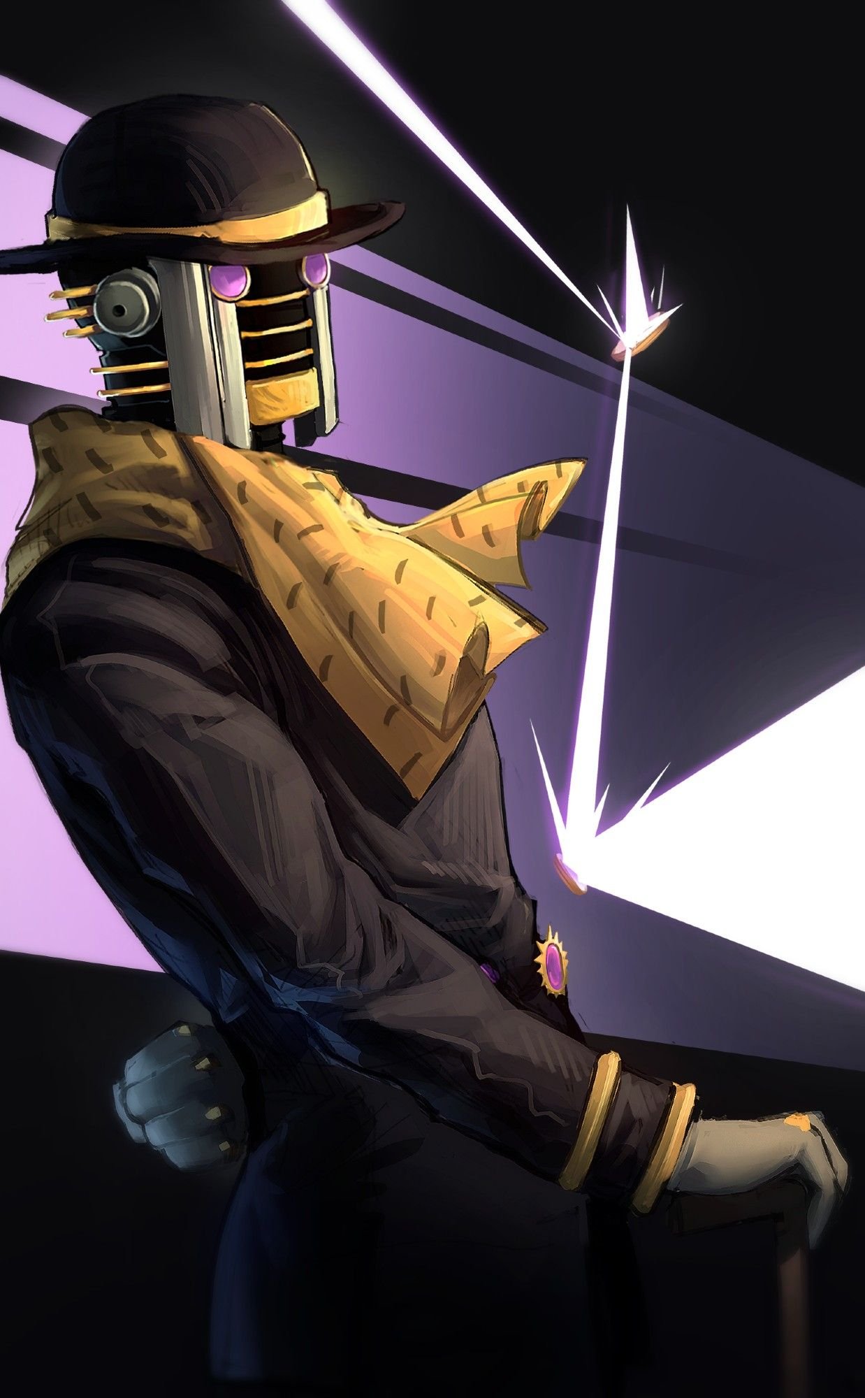 wonder of u, jojo no kimyou na bouken, jojolion, commentary, english commentary, highres, 1other, arm behind back, black coat, black hat, bowler hat, cane, coat, gloves, grey gloves, hat, holding, holding cane, humanoid robot, long sleeves, mega p1x3l5, motion lines, other focus, purple eyes, robot, scarf, solo, stand (jojo), yellow scarf