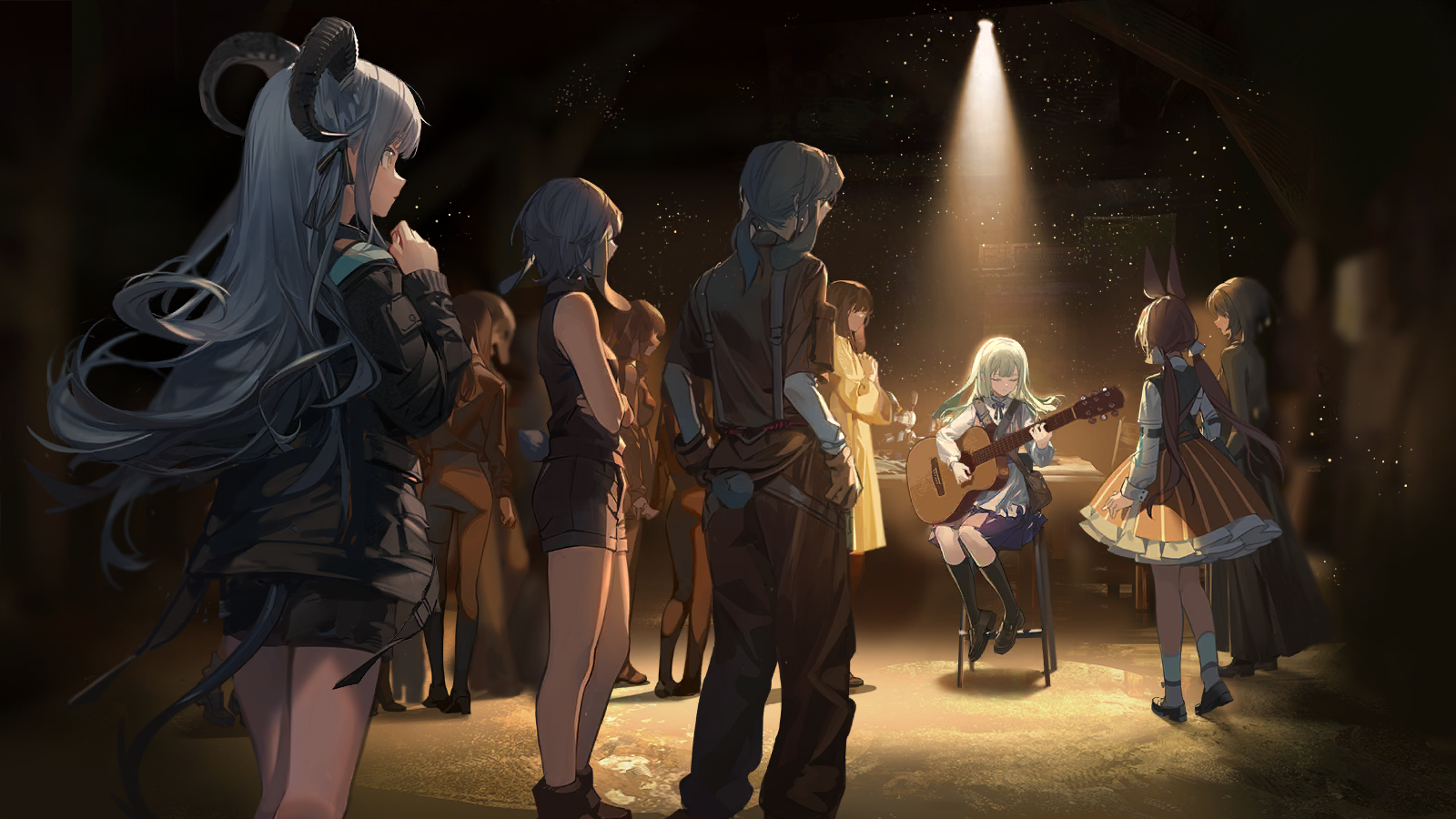 togawa sakiko, wakaba mutsumi, arknights, bang dream!, bang dream! it's mygo!!!!!, game cg, highres, official art, third-party source, 1boy, 6+girls, acoustic guitar, animal ears, black hair, black jacket, black pants, black shirt, black shorts, black socks, blue hair, brown gloves, brown shoes, brown skirt, closed eyes, crossed arms, dress, gloves, green hair, grey dress, grey pants, guitar, hair ribbon, horns, instrument, jacket, kneehighs, layered sleeves, light particles, long hair, long sleeves, low twintails, multiple girls, music, pants, parted lips, people, playing guitar, playing instrument, rabbit boy, rabbit ears, rabbit girl, ribbon, shirt, shoes, short hair, short over long sleeves, short sleeves, shorts, sidelocks, sitting, skirt, sleeveless, sleeveless shirt, socks, standing, striped clothes, striped skirt, suspenders, tail, togawa sakiko (master of melodia), twintails, wakaba mutsumi (marionette's id), white shirt, white socks, yellow dress, yellow eyes