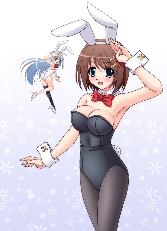 narutaki shin, reinforce zwei, yagami hayate, lyrical nanoha, mahou shoujo lyrical nanoha, mahou shoujo lyrical nanoha strikers, 00s, 2girls, animal ears, ass, blush, breasts, fake animal ears, hair ornament, long hair, multiple girls, pantyhose, playboy bunny, rabbit ears, short hair, tail, thighhighs, x hair ornament