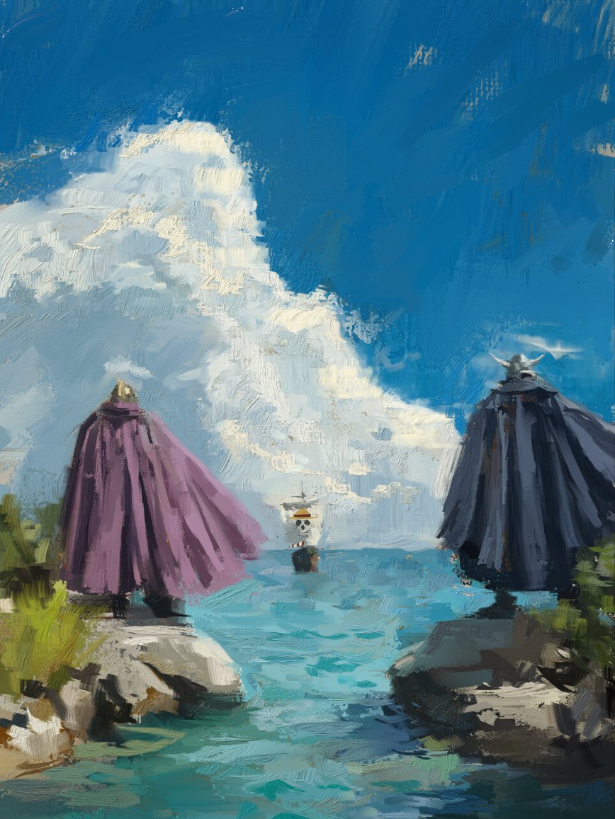 fuyumurasaki, brogy (one piece), dorry (one piece), one piece, 2boys, blue cape, blue sky, boat, cape, cloud, giant, helmet, jolly roger, multiple boys, ocean, purple cape, sky, straw hats jolly roger, watercraft