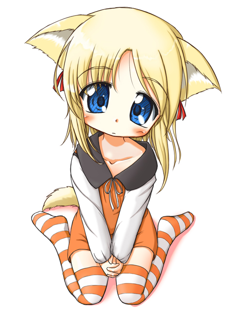 ikuno yui, alice (ikuno yui), original, 1girl, animal ears, blonde hair, blue eyes, cat ears, dog ears, dog tail, dress, female focus, short hair, sitting, solo, striped clothes, striped thighhighs, tail, thighhighs, wariza
