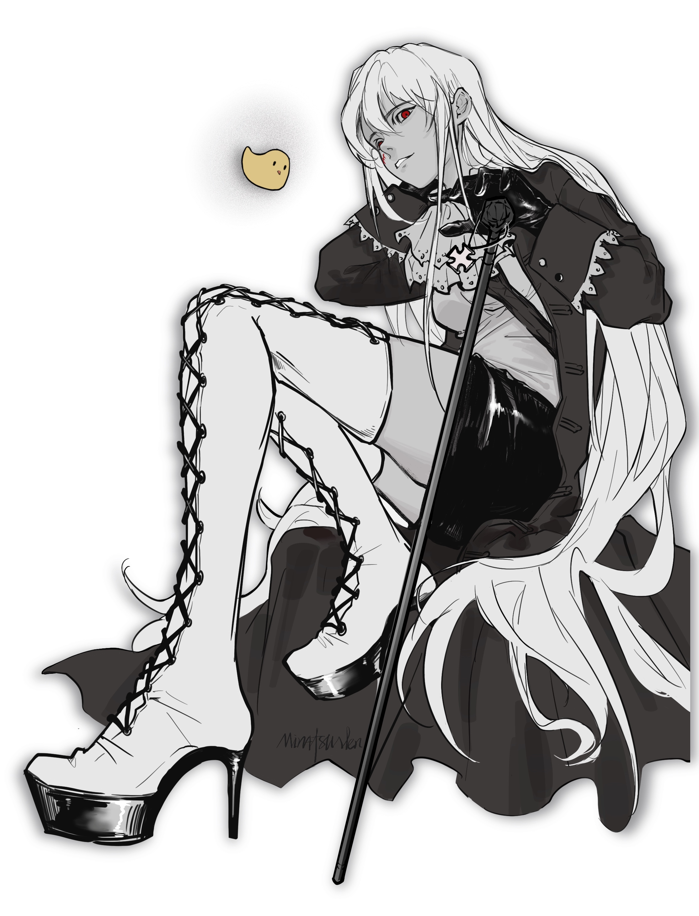 minatsunen, axis powers hetalia, absurdres, highres, 1girl, ascot, bird, boots, cane, facial scar, full body, genderswap, genderswap (mtf), gloves, greyscale, high heel boots, high heels, holding, holding cane, jacket, long hair, long sleeves, looking at viewer, miniskirt, monochrome, prussia (female) (hetalia), red eyes, scar, scar on cheek, scar on face, shirt, simple background, sitting, skirt, smile, solo, spot color, thigh boots, very long hair, white background