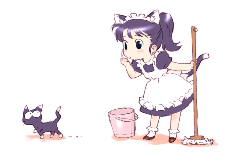 animal ears, apron, black eyes, broom, cat, cat ears, dress, maid, maid apron, ponytail, purple hair