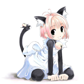 hiide, kinomoto sakura, kinomoto sakura (kitty), cardcaptor sakura, lowres, 1990s (style), 1girl, ahoge, animal ears, bell, black eyes, cat ears, cat tail, child, dress, female focus, full body, jingle bell, looking at viewer, pantyhose, pink hair, retro artstyle, short hair, smile, solo, tail