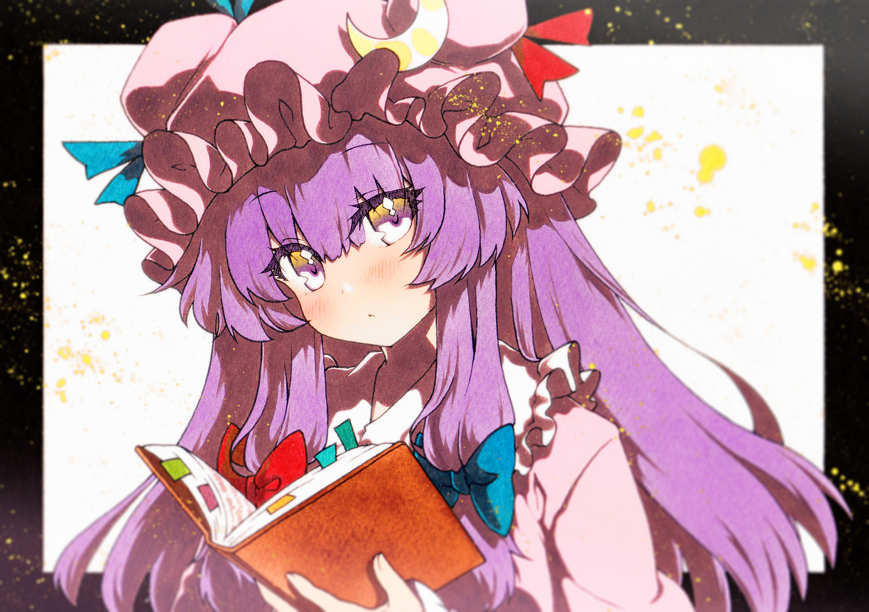 rinka (qqqrinkappp), patchouli knowledge, touhou, highres, 1girl, black border, blue bow, book, border, bow, closed mouth, collar, frilled collar, frills, hair between eyes, hair bow, hat, holding, holding book, long sidelocks, looking at viewer, open book, pink hat, red bow, sidelocks, solo, upper body, white background, white collar, yellow eyes