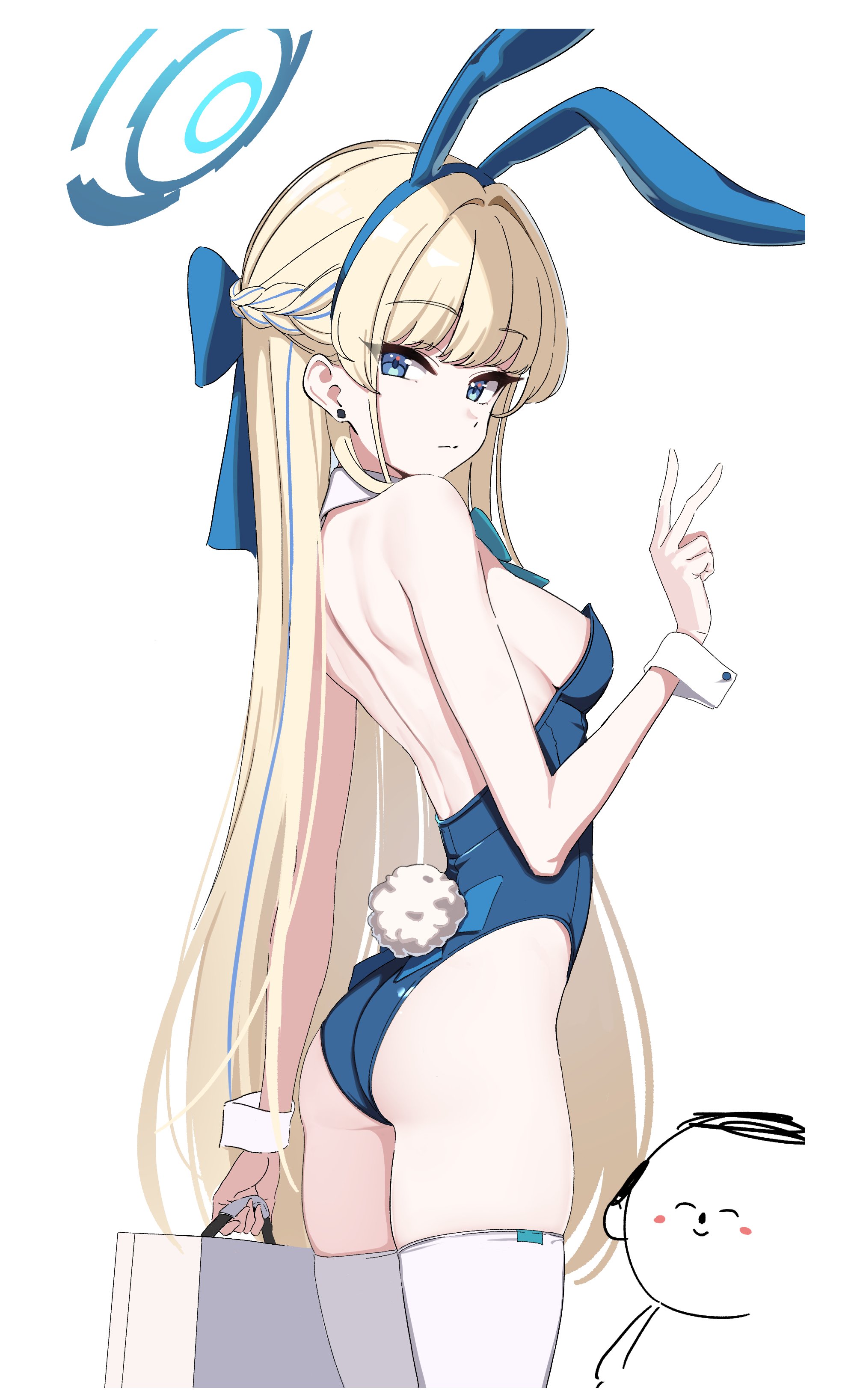 dickbomber, doodle sensei (blue archive), sensei (blue archive), toki (blue archive), toki (bunny) (blue archive), blue archive, absurdres, highres, 1boy, 1girl, animal ears, ass, bare shoulders, blonde hair, blue eyes, blue leotard, bow, bowtie, braid, breasts, briefcase, detached collar, fake animal ears, halo, highleg, highleg leotard, leotard, long hair, looking at viewer, looking back, medium breasts, playboy bunny, rabbit ears, rabbit tail, solo focus, tail, thighhighs, thighs, white thighhighs, wrist cuffs