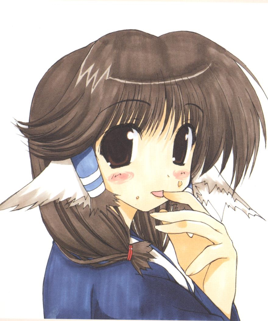aruruu, utawarerumono, 00s, animal ears, blush, brown eyes, brown hair, dog ears, food, short hair, tongue, twintails