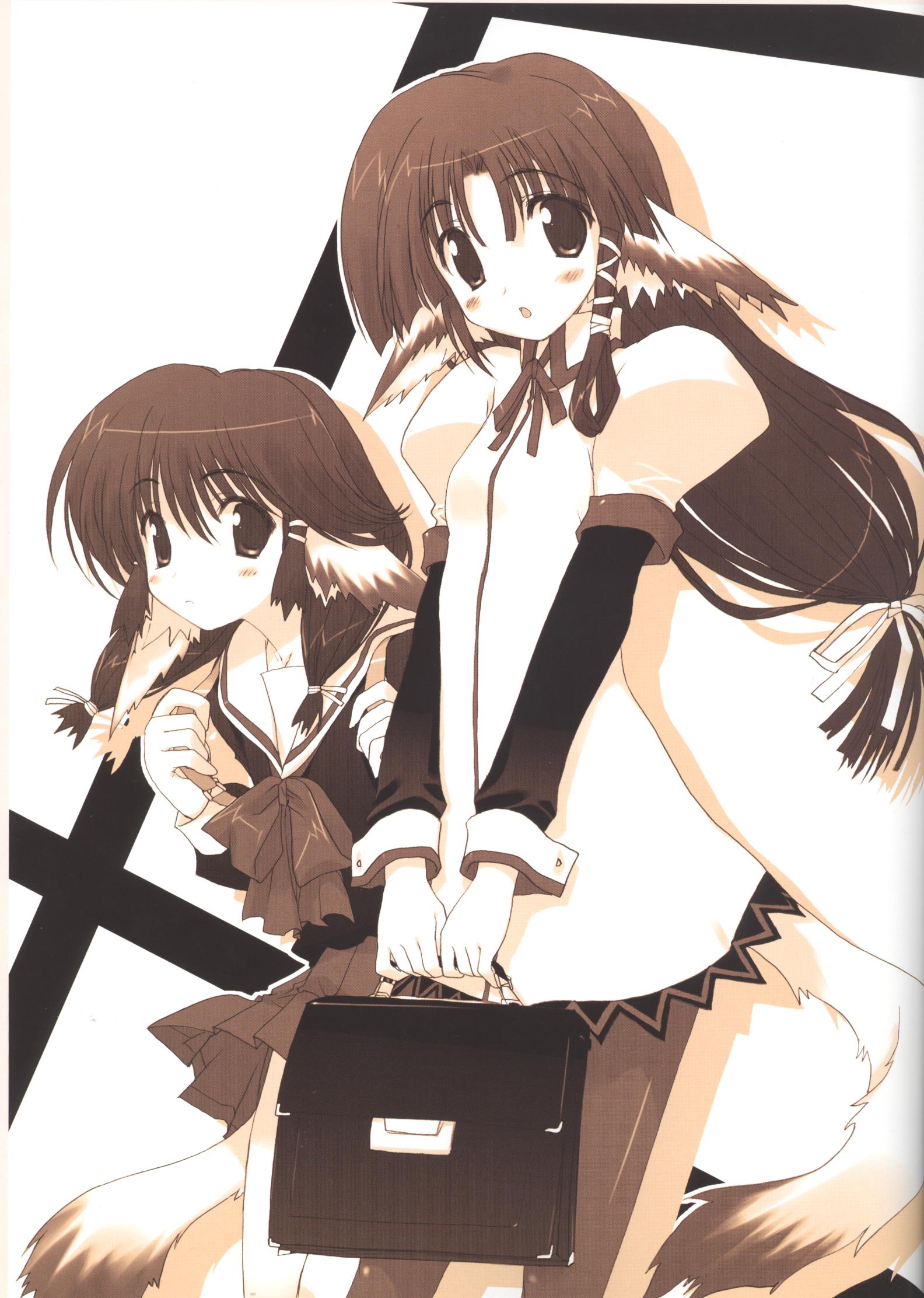 aruruu, eruruu, utawarerumono, highres, 00s, animal ears, blush, bow, dog ears, dress, long hair, pantyhose, ribbon, school uniform, serafuku, short hair, skirt, twintails