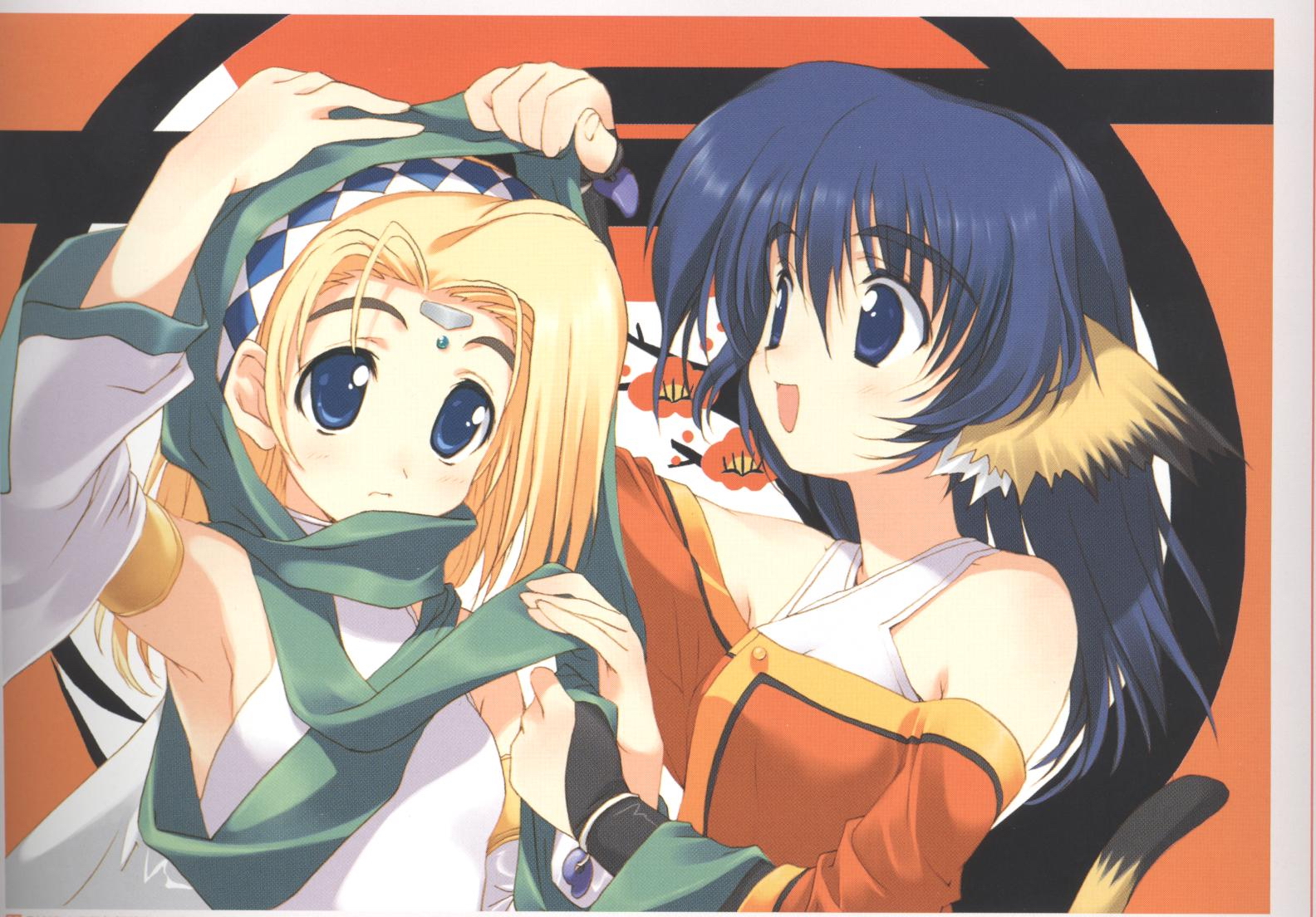 karulau, utawarerumono, 00s, 2girls, aged down, ahoge, animal ears, blonde hair, blue eyes, blue hair, cat ears, long hair, multiple girls, wings