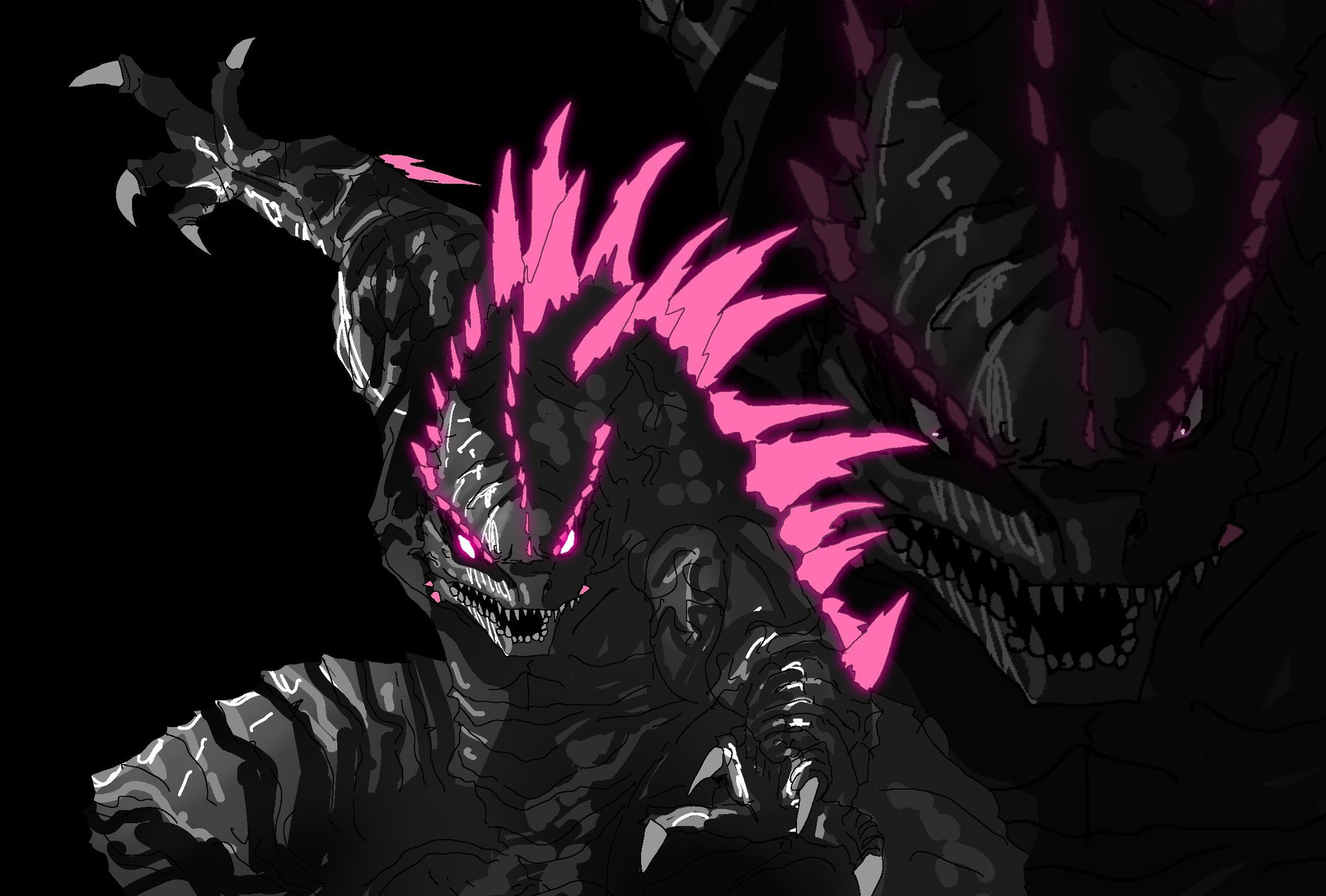 godzilla, godzilla (monsterverse), godzilla evolved, godzilla (series), godzilla x kong: the new empire, king kong (series), monsterverse, highres, claws, elbow spikes, fangs, giant, giant monster, gigan (gigan1024896), gills, glowing, glowing eyes, jaw, kaiju, long tail, monster, muscular, no humans, open mouth, scales, sharp teeth, spiked tail, spines, tail, teeth, zoom layer