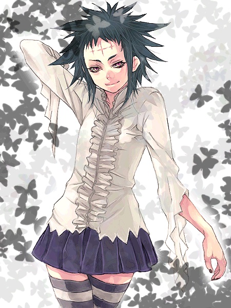 road kamelot, d.gray-man, striped, 00s, black hair, flat chest, gothic lolita, lolita fashion, shirt, short hair, skirt, thighhighs, white shirt, yellow eyes