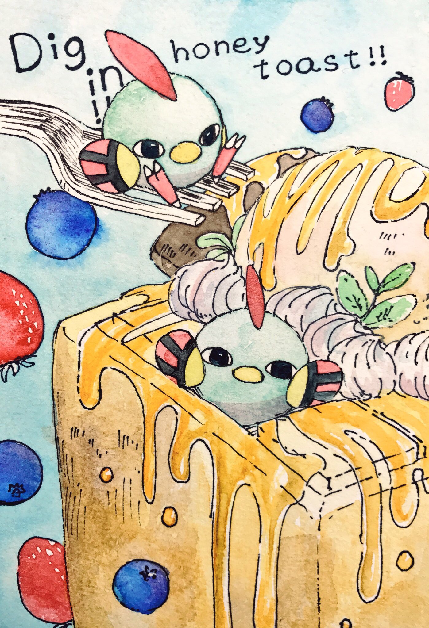 mint nappa, natu, nintendo, pokemon, commentary request, highres, painting (medium), traditional media, watercolor (medium), black eyes, blueberry, chocolate, english text, food, fork, fruit, gen 2 pokemon, honey, ice cream, no humans, pokemon (creature), sitting, strawberry