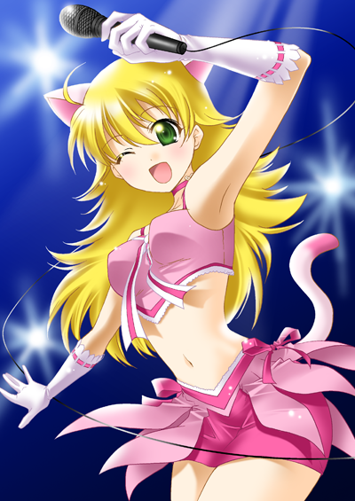 itsuki sayaka, hoshii miki, idolmaster, idolmaster (classic), idolmaster 1, 00s, 1girl, ;d, ahoge, animal ears, arm up, armpits, blonde hair, cat ears, crop top, cute & girly (idolmaster), elbow gloves, female focus, gloves, green eyes, long hair, microphone, midriff, navel, one eye closed, open mouth, skirt, smile, solo, tail