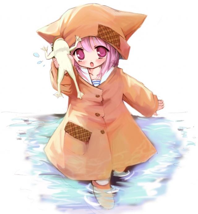 nekohood, animal ears, animal hat, blush, boots, cat ears, child, coat, flat chest, frog, hat, pink eyes, pink hair, puddle, raincoat, school uniform, serafuku, short hair, solo, water, wet, yellow raincoat