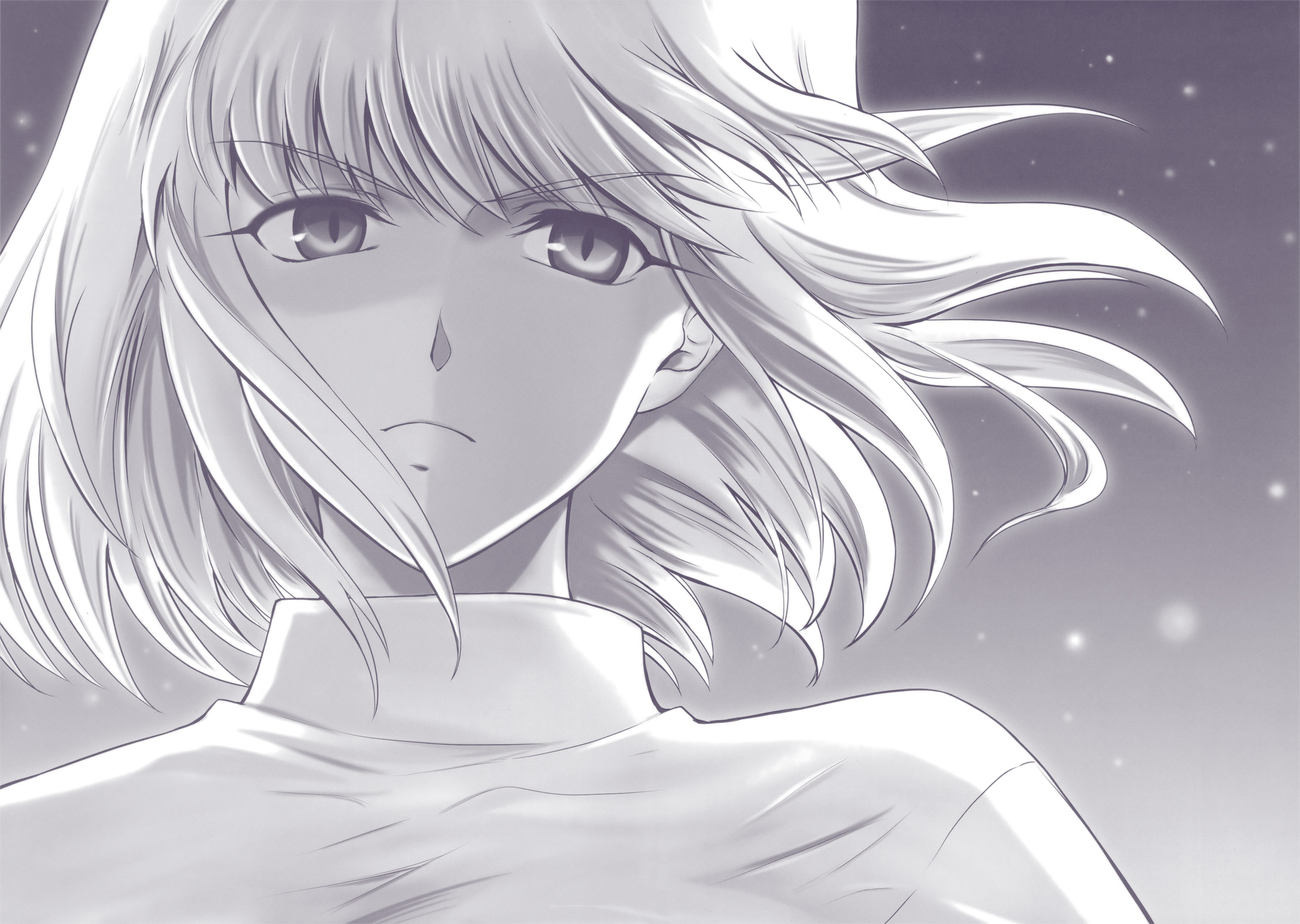 shirotsumekusa, arc, arcueid brunestud, fate/stay night, fate (series), tsukihime, type-moon, highres, 00s, 1girl, comic, crossover, female focus, greyscale, monochrome, purple theme, short hair, solo, sweater
