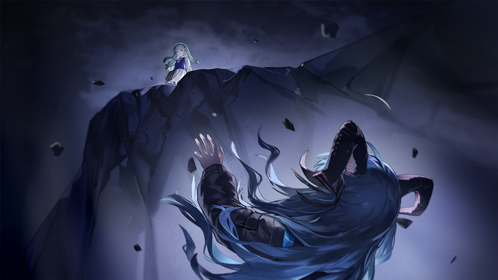 togawa sakiko, wakaba mutsumi, arknights, bang dream!, bang dream! it's mygo!!!!!, game cg, highres, official art, third-party source, 2girls, animal ears, black jacket, black ribbon, blue hair, brown bag, cliff, falling, green hair, hair ribbon, horns, jacket, long hair, long sleeves, looking at viewer, multiple girls, rabbit ears, ribbon, rock, shirt, skirt, togawa sakiko (master of melodia), wakaba mutsumi (marionette's id), white shirt, white skirt