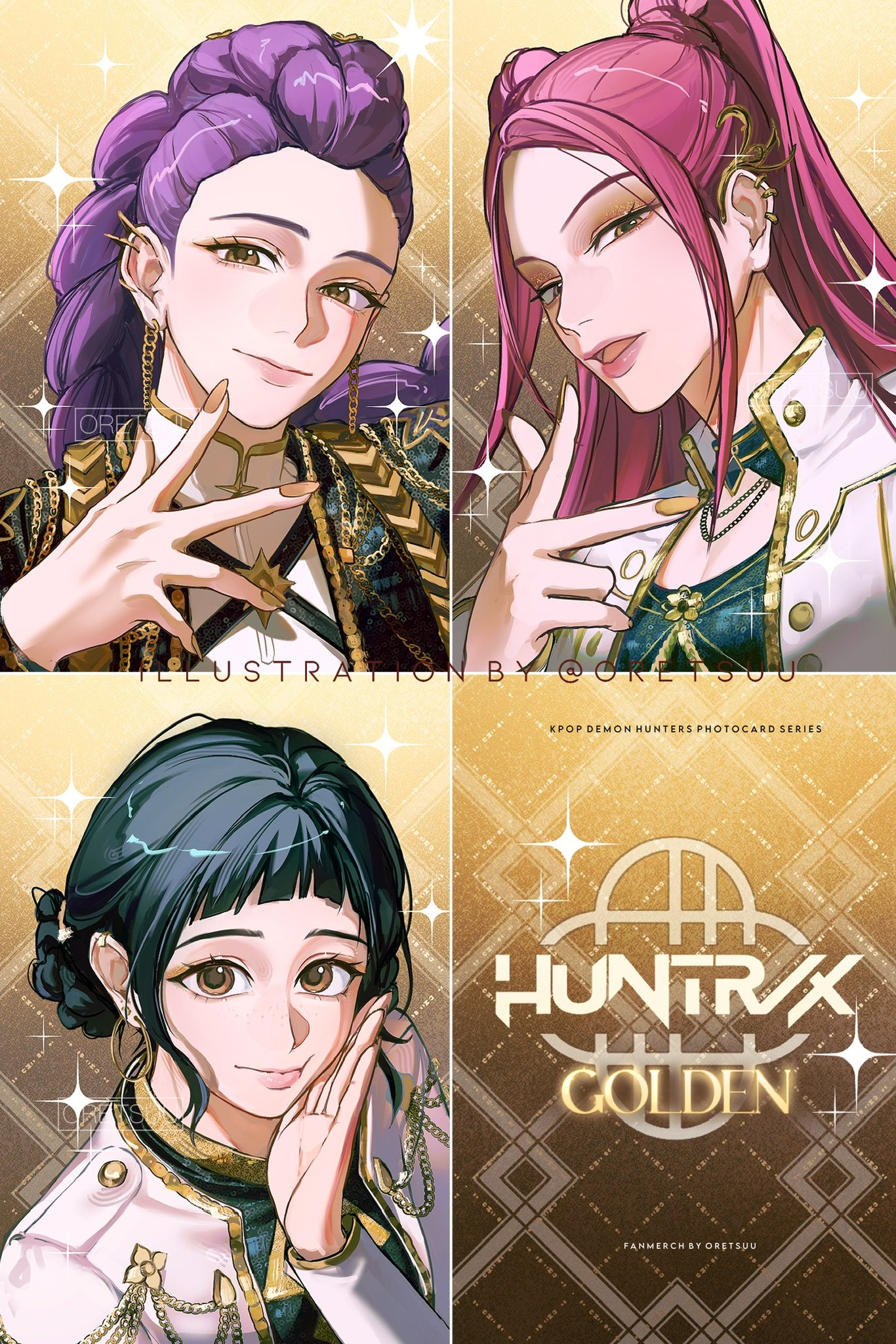oretsuu, mira (kpop demon hunters), rumi (kpop demon hunters), zoey (kpop demon hunters), kpop demon hunters, commentary, highres, 3girls, black hair, black jacket, braid, braided ponytail, brown hair, double bun, earrings, eyeshadow, hair bun, hoop earrings, jacket, jewelry, long hair, looking at viewer, makeup, multiple girls, pink hair, purple hair, sidelocks, smile, sparkle, twintails, upper body, white jacket