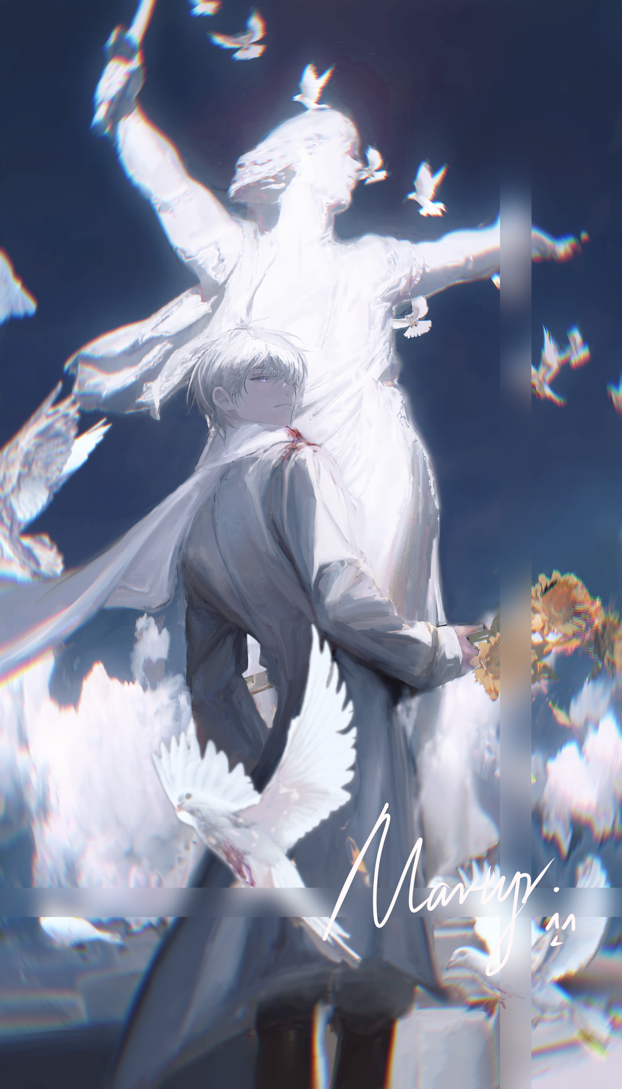 russia (hetalia), axis powers hetalia, absurdres, highres, 1boy, anshayebuhuiaa, bird, blue sky, cloud, coat, day, feet out of frame, flower, holding, holding flower, long sleeves, looking back, male focus, outdoors, purple eyes, scarf, short hair, sky, solo, standing, statue, white bird