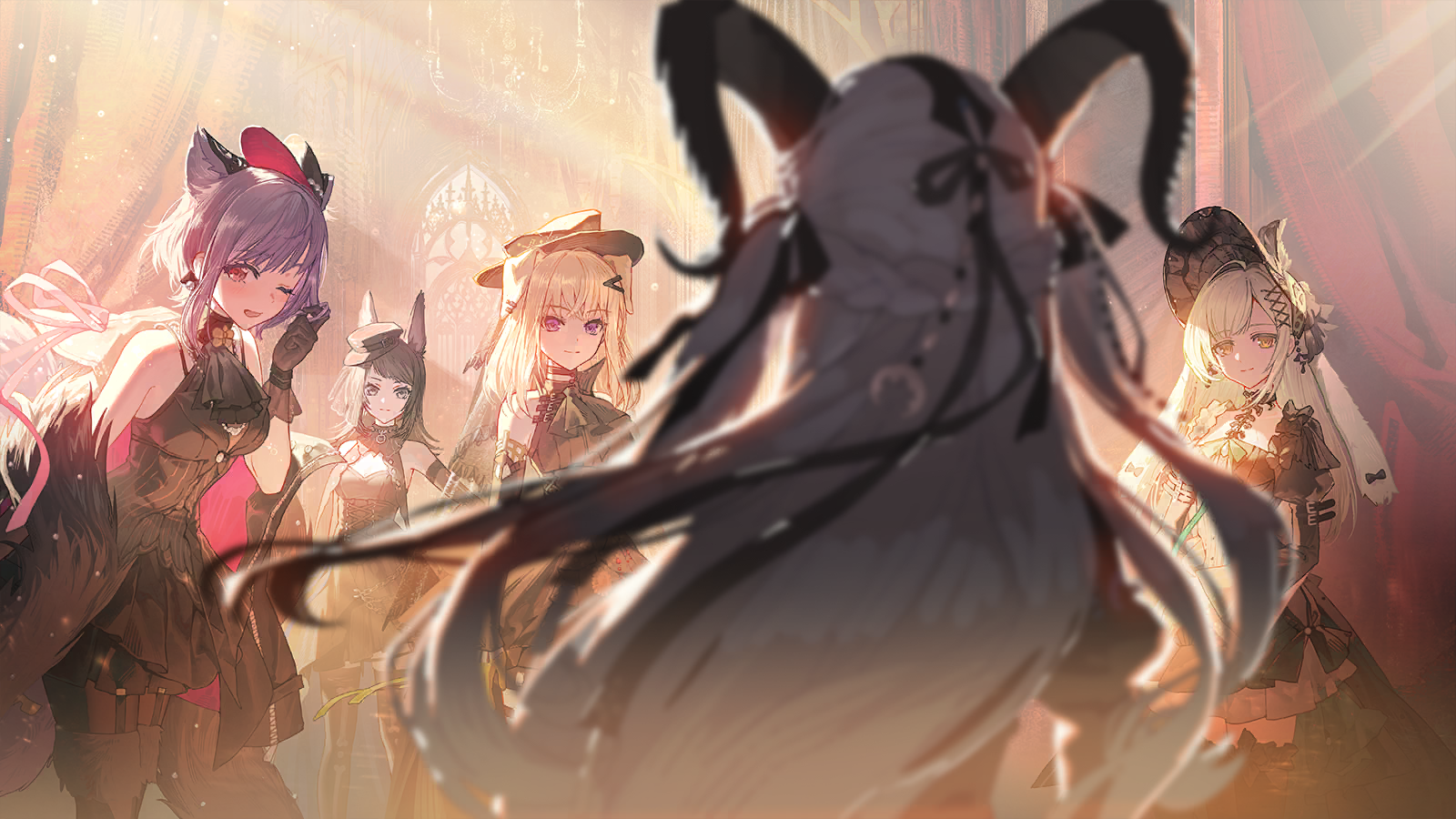 misumi uika, togawa sakiko, wakaba mutsumi, yahata umiri, yuutenji nyamu, arknights, ave mujica (bang dream!), bang dream!, bang dream! it's mygo!!!!!, game cg, highres, official art, third-party source, 5girls, animal ears, ascot, black ascot, black bonnet, black choker, black corset, black dress, black gloves, black hair, black hat, black pantyhose, black ribbon, black thighhighs, blonde hair, blue eyes, blue hair, bonnet, braid, breasts, cat ears, cat girl, chandelier, choker, closed mouth, corset, detached sleeves, dog ears, dog girl, dress, earrings, garter straps, gloves, hair ornament, hair ribbon, hairclip, half up braid, hat, horns, jewelry, juliet sleeves, long hair, long sleeves, medium breasts, medium hair, misumi uika (caged singer), multiple girls, official alternate costume, one eye closed, open mouth, pantyhose, pink eyes, puffy sleeves, purple eyes, purple hair, rabbit ears, rabbit girl, ribbon, short hair, sleeveless, sleeveless dress, thighhighs, thighhighs over pantyhose, togawa sakiko (master of melodia), two side up, wakaba mutsumi (marionette's id), wolf ears, wolf girl, x hair ornament, yahata umiri (moonlight executioner), yuutenji nyamu (magician of passion), zettai ryouiki