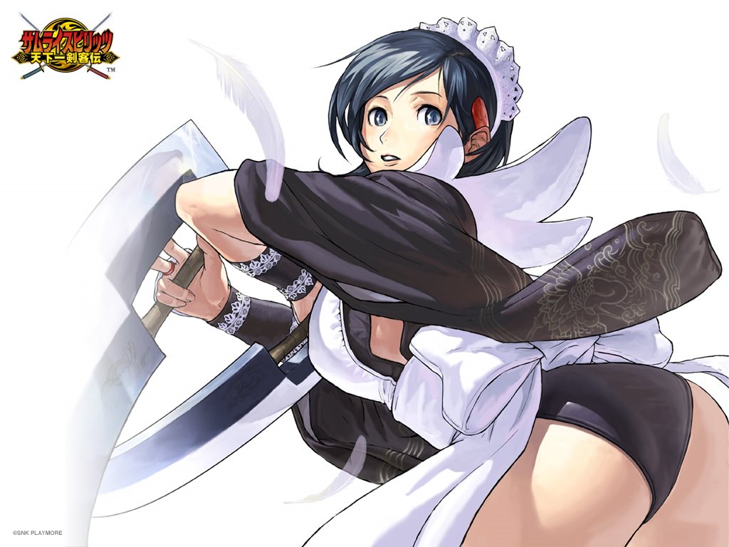 iroha (samurai spirits), samurai spirits, snk, official art, 1girl, ass, maid, panties, short hair, underwear
